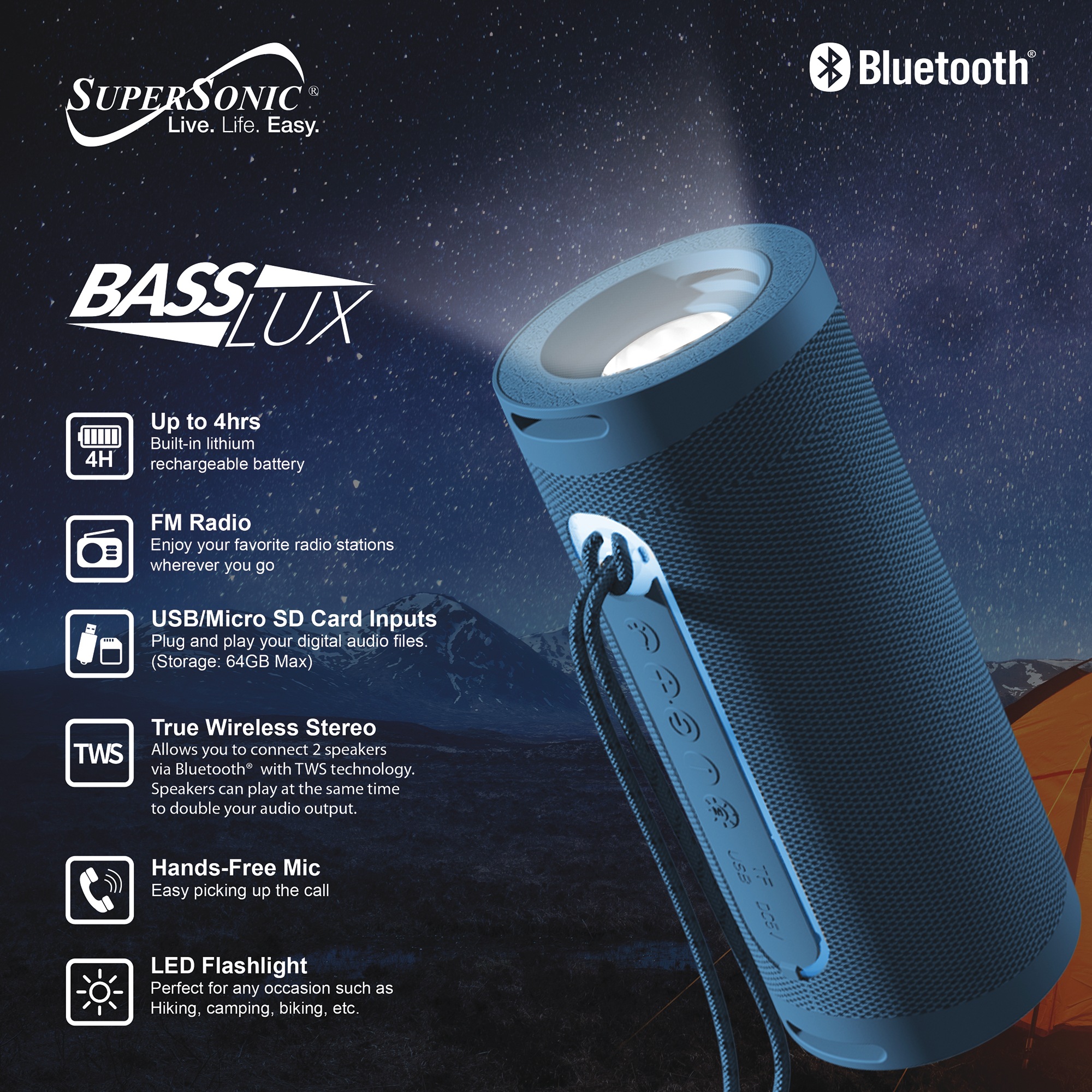 Supersonic Portable Speaker with Flashlight
