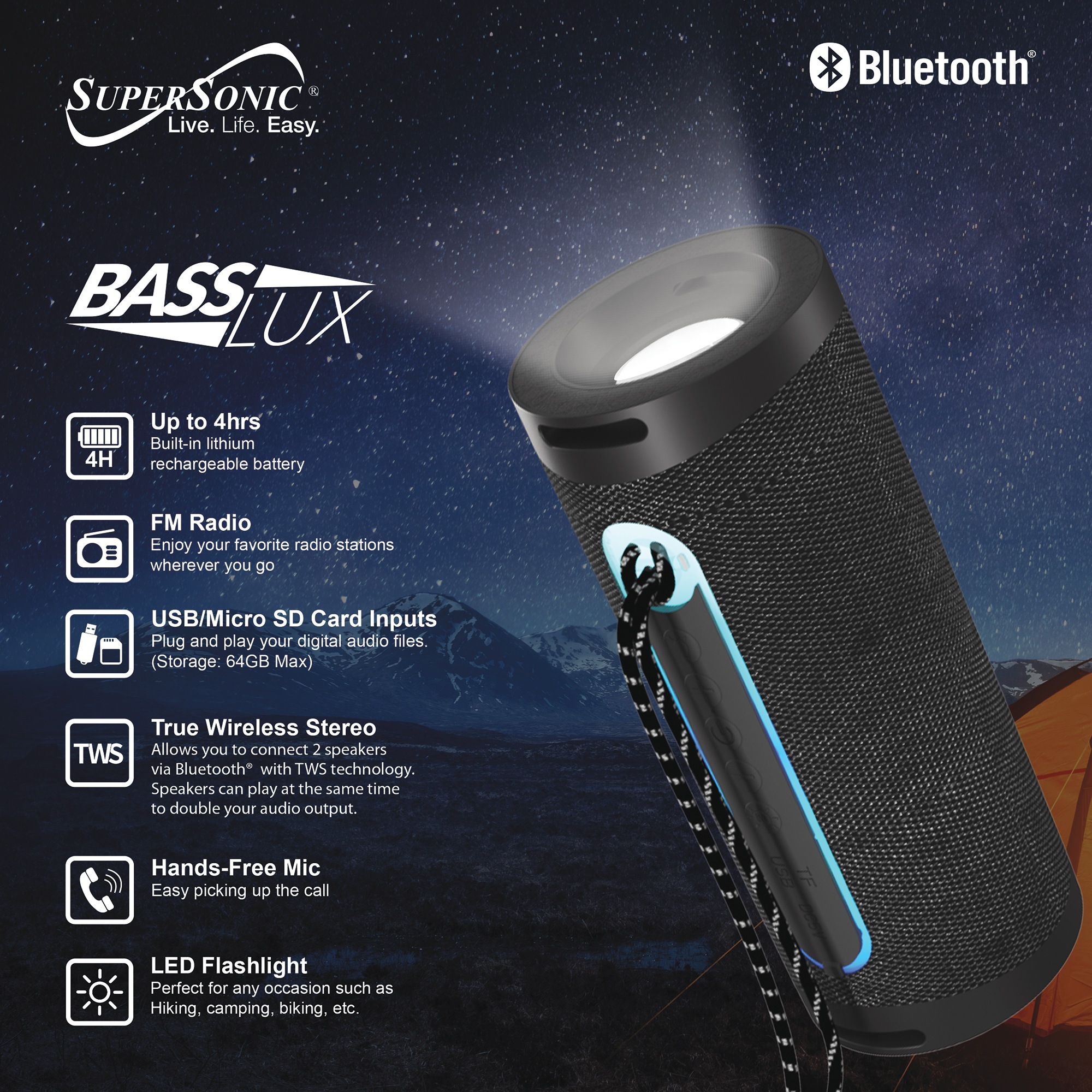 Supersonic Portable Speaker with Flashlight