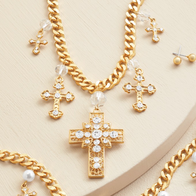 Charms and Pendant Cross Necklace & Earring Set