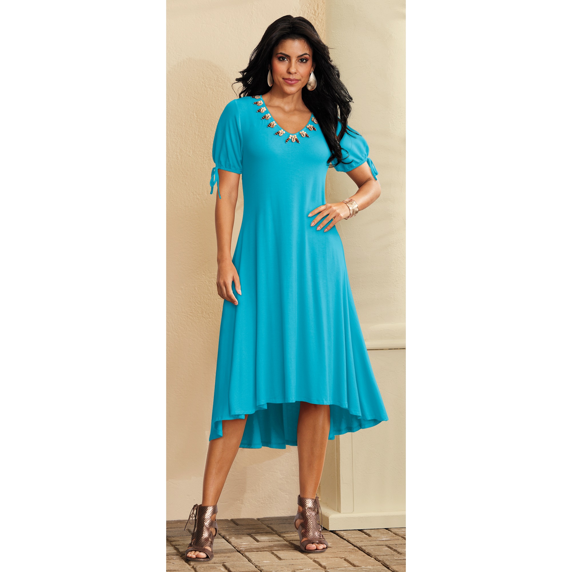 Georgine A-Line Dress with Beaded V-Neck and Puffed Sleeves