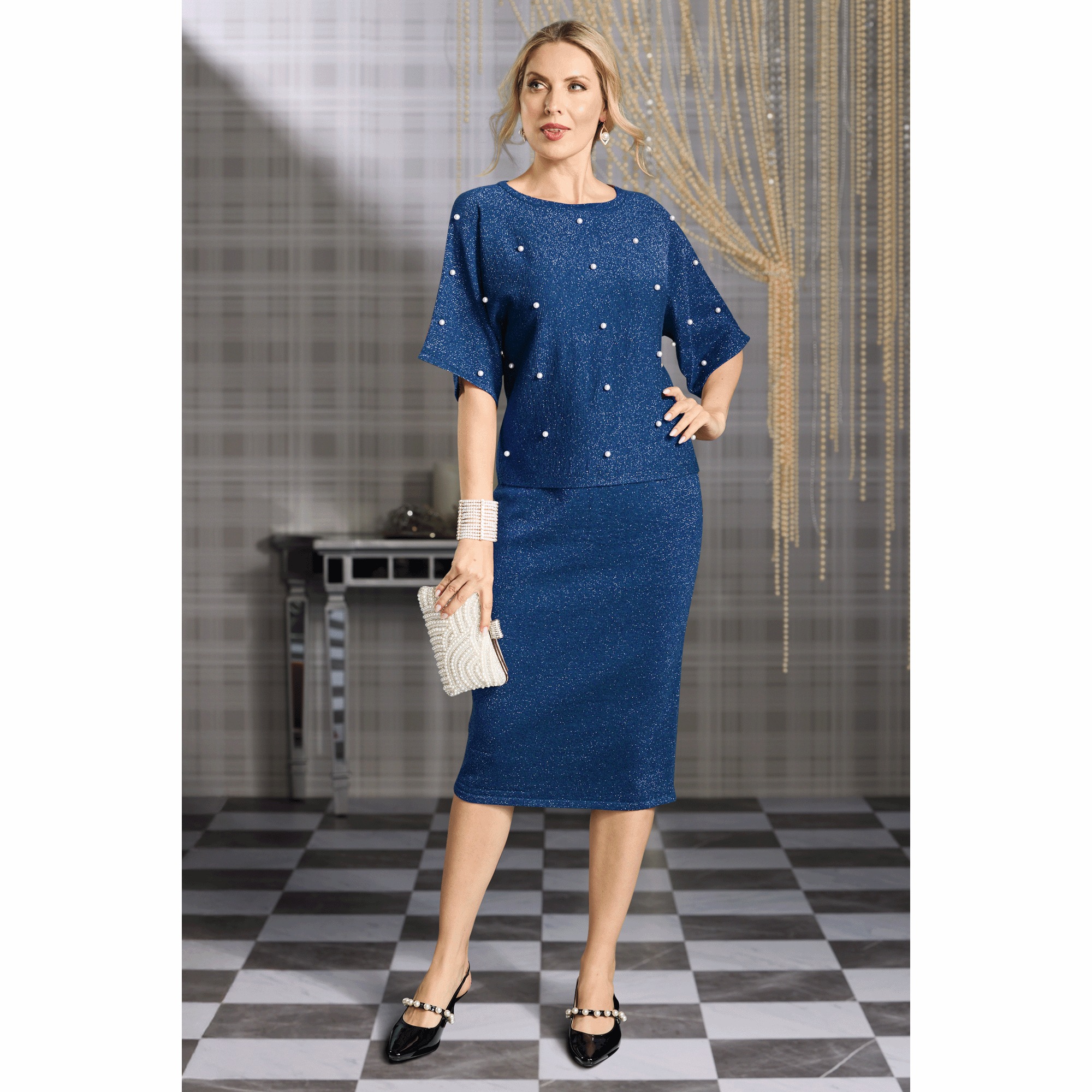Matching Faux-Pearl Sweater and Skirt Set