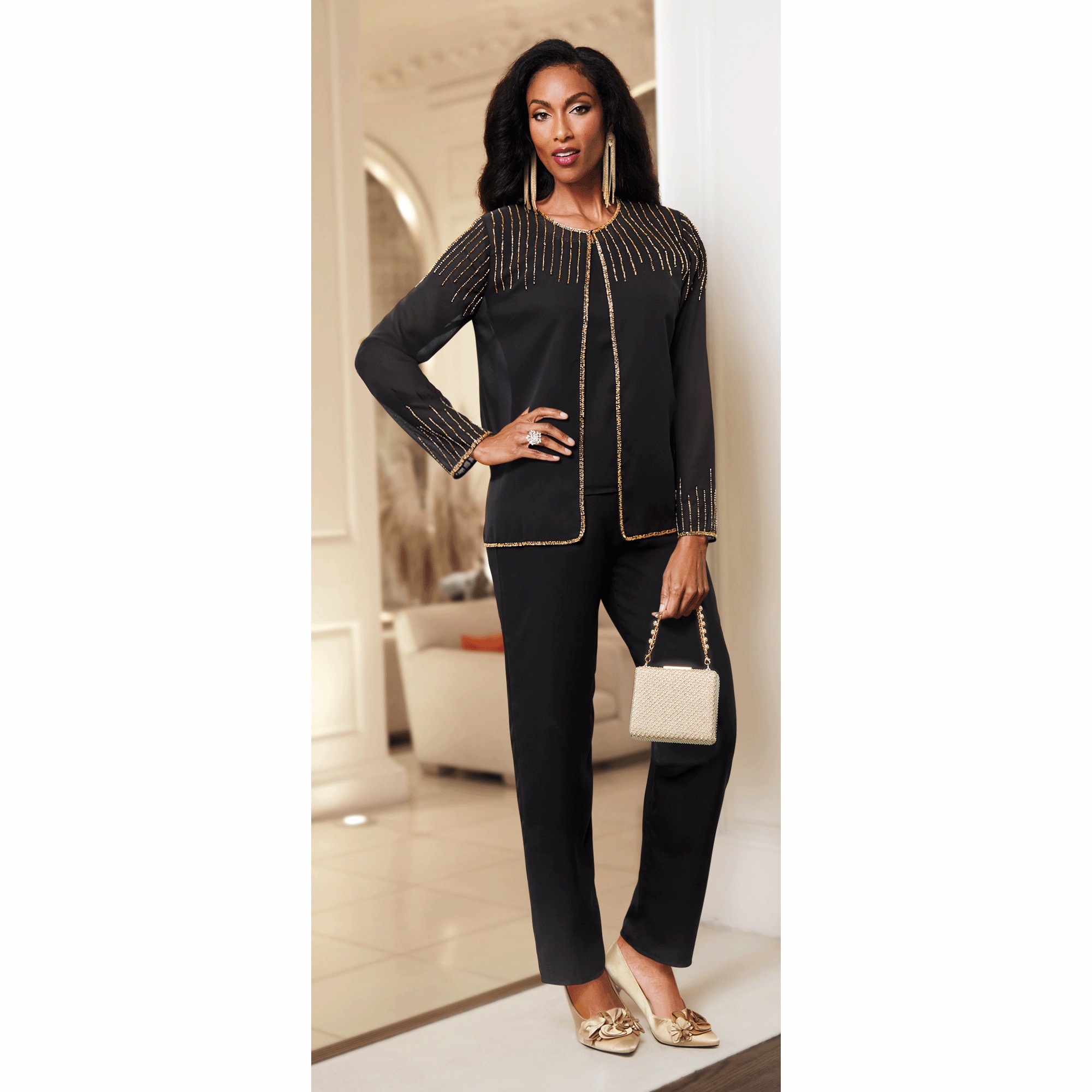 Rosellen 3-Piece Pant Set with Goldtone-Beaded Jacket and Tank