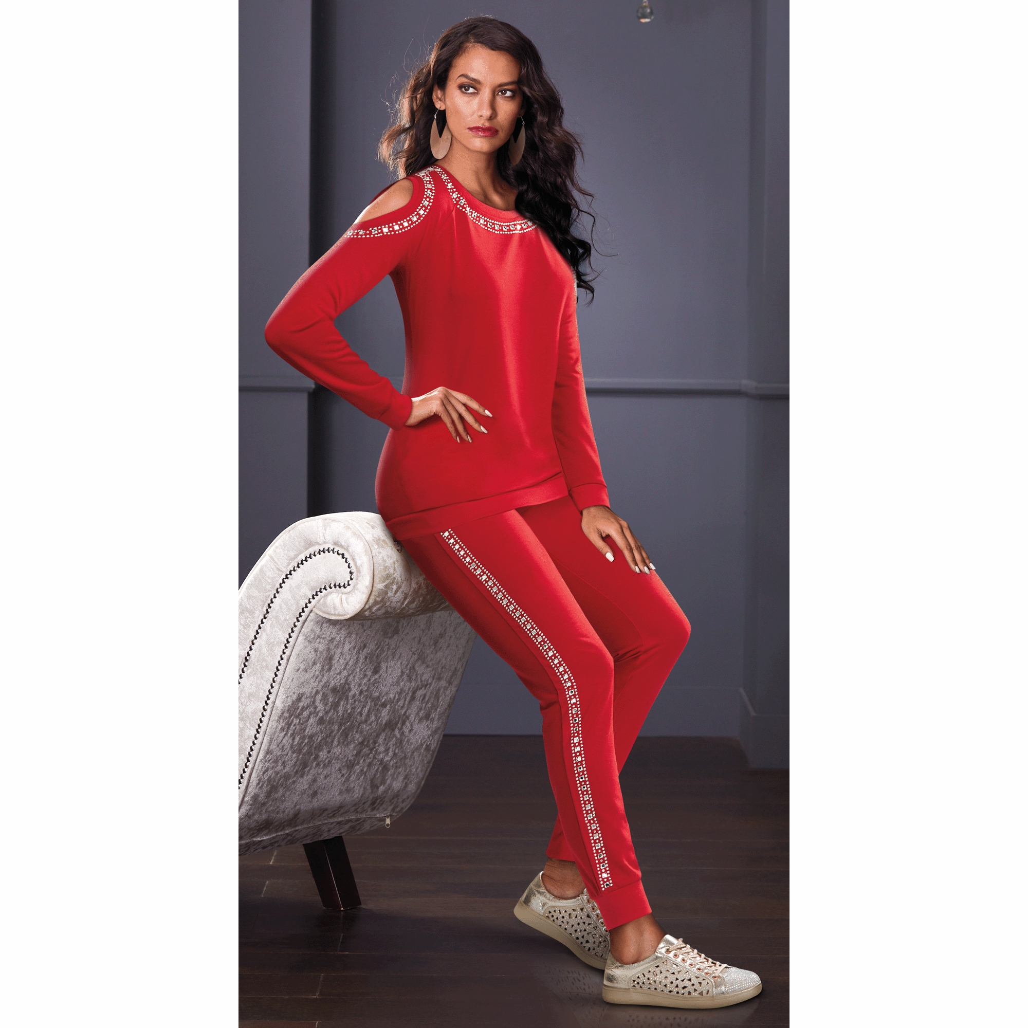 Kris 2-Piece Women's Active Set with Cold Shoulders, Rhinestones and Studs