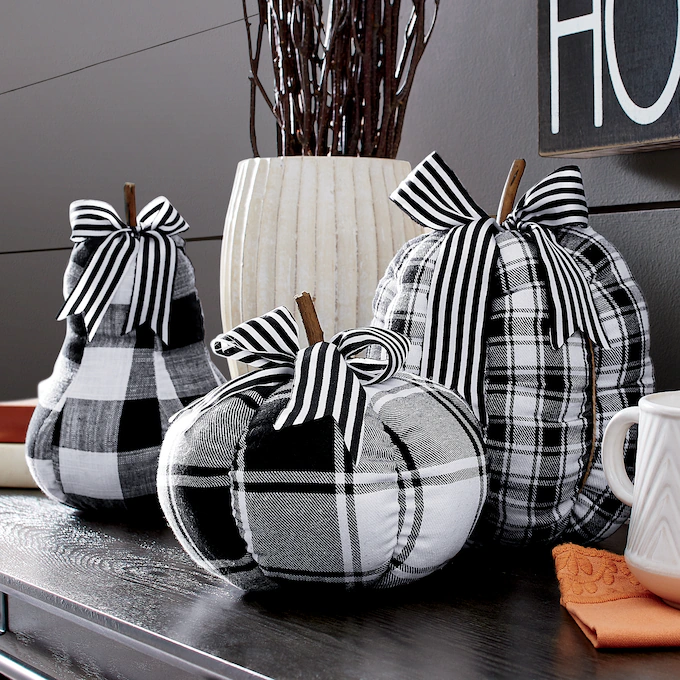 Set of 3 Black and White Plaid Pumpkins