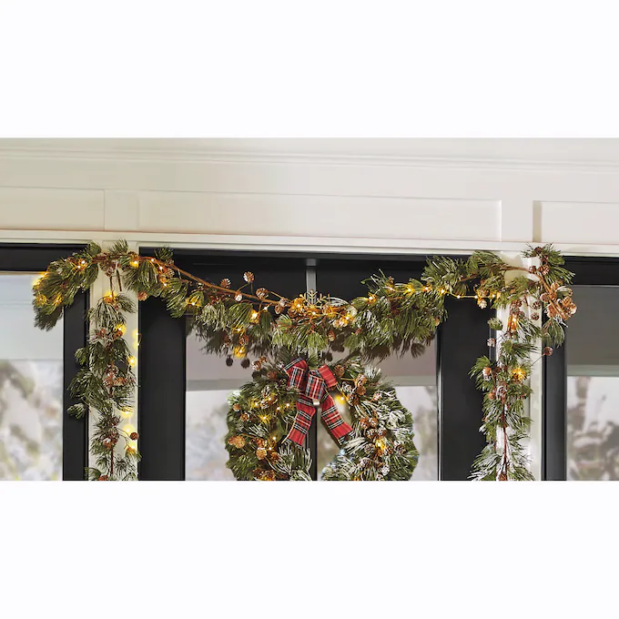 Lit Frosted Garland with Pinecones and Bow