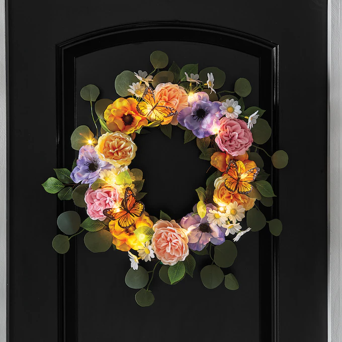 Lit Outdoor Peony and Butterfly Wreath