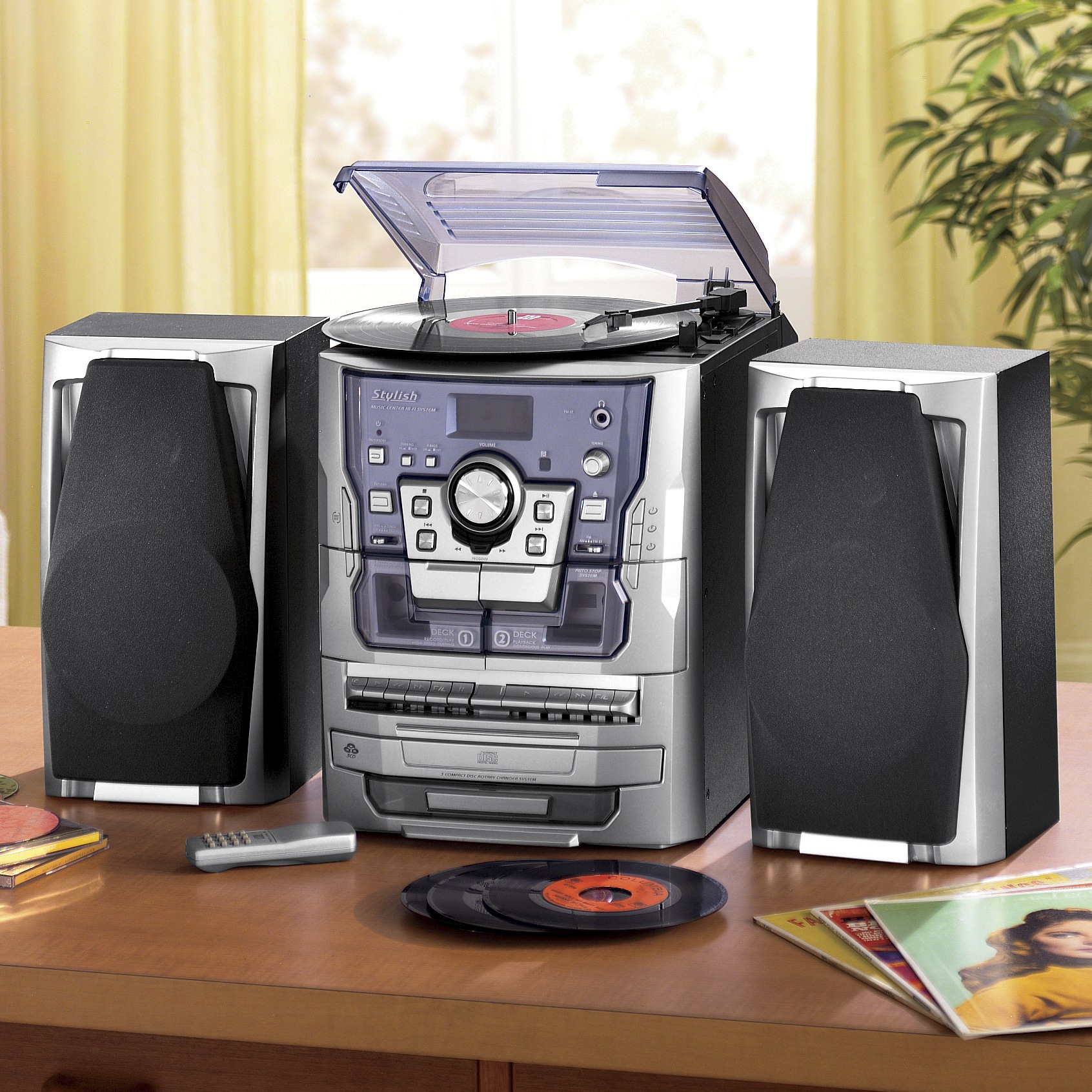 6-in-1 Music System with Deluxe Turntable, iPod/MP3, AM/FM, CD Player & Cassette