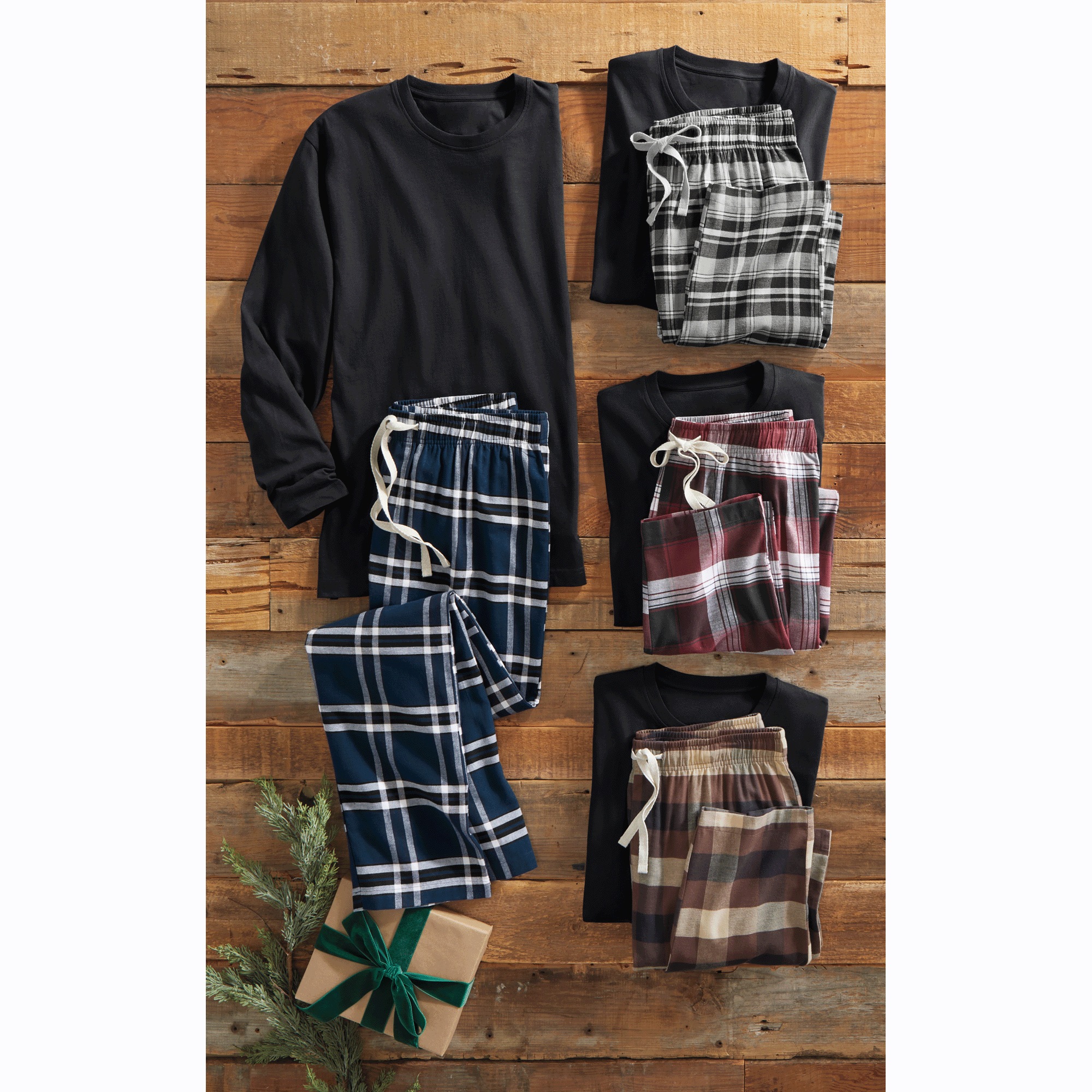 Value 2-Piece Men's PJ Set with Crew Top and Plaid Bottoms