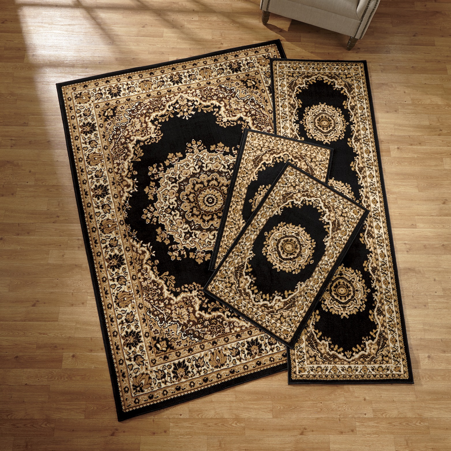 4-Piece Plush Floral Kirman Rug Set with Runner and Mats