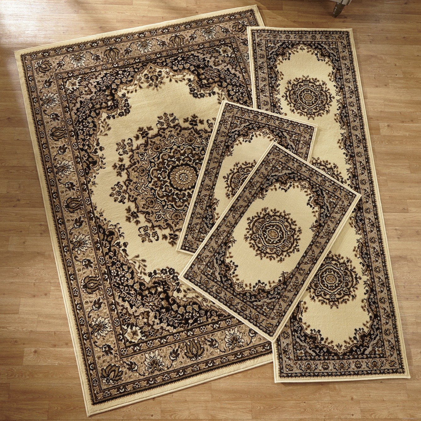 4-Piece Plush Floral Kirman Rug Set with Runner and Mats