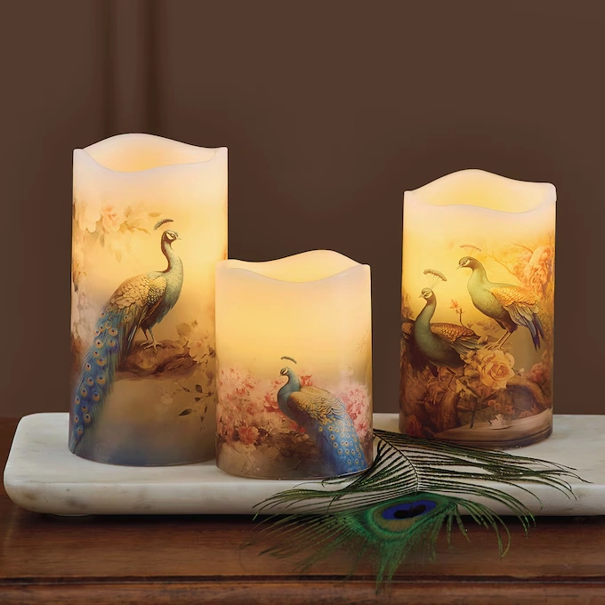 Set of 3 LED Peacock Candles