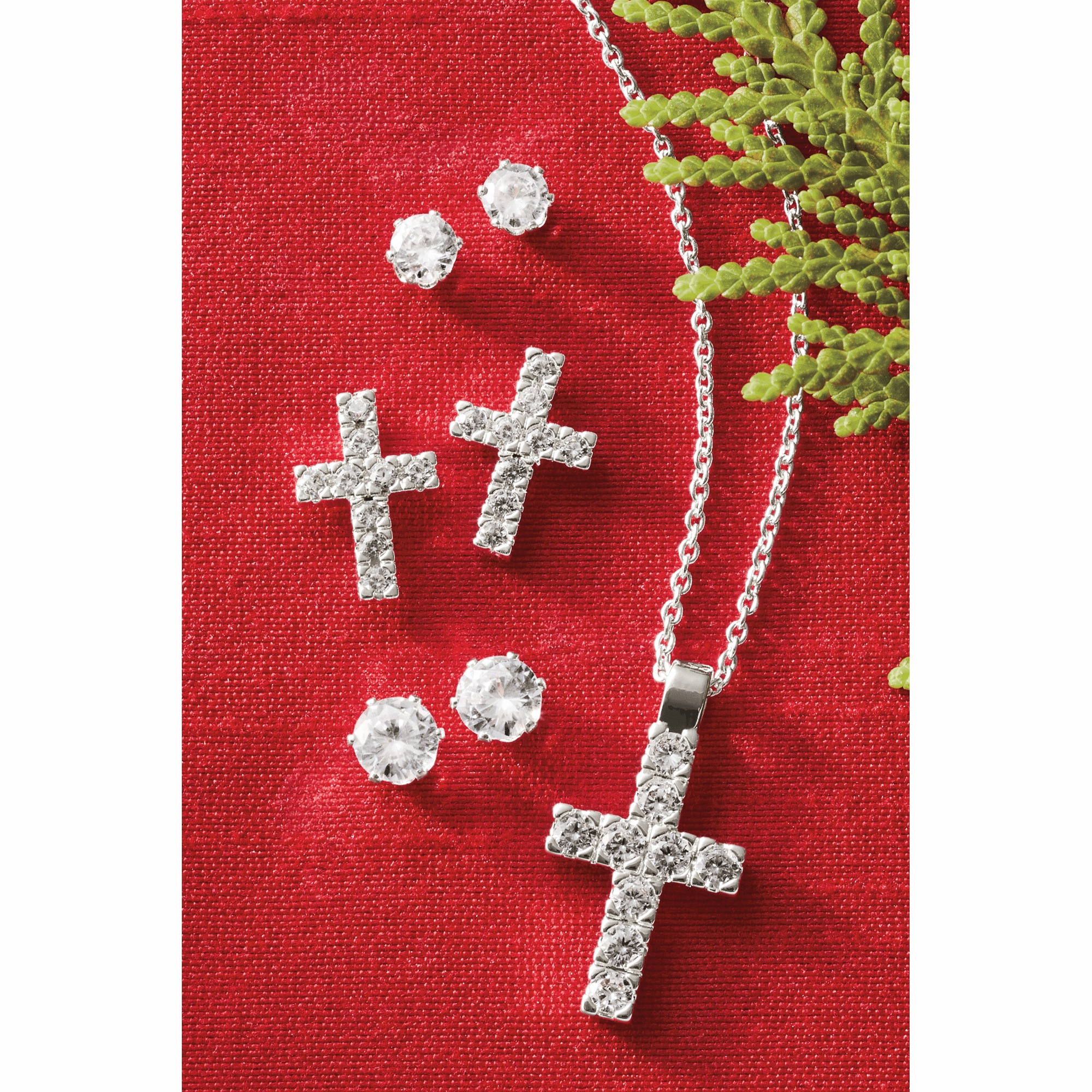 Cubic Zirconia Cross Pendant & 3-Pair Earring Set