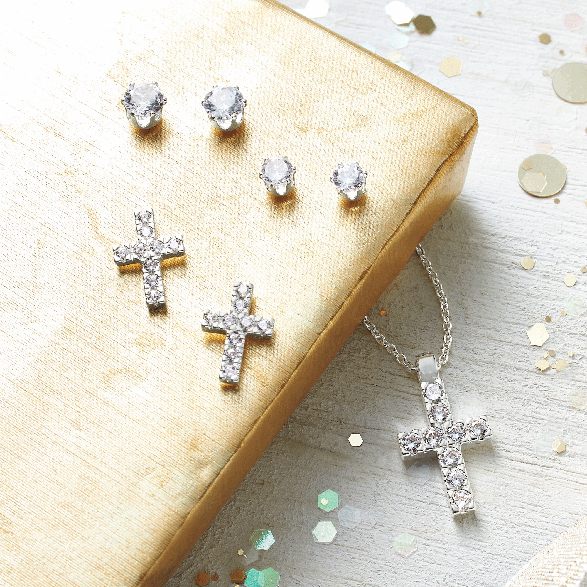 Cubic Zirconia Cross Pendant & 3-Pair Earring Set