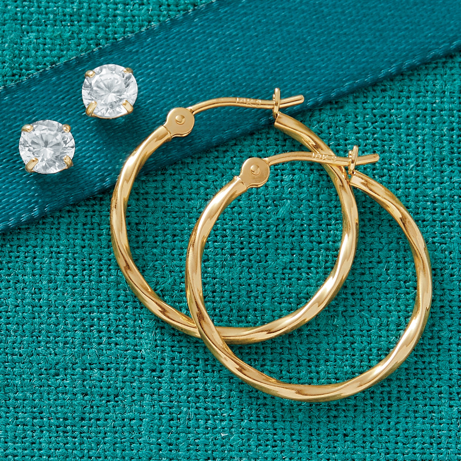10K Gold 2-Pair Hoop and Cubic Zirconia Earring Set