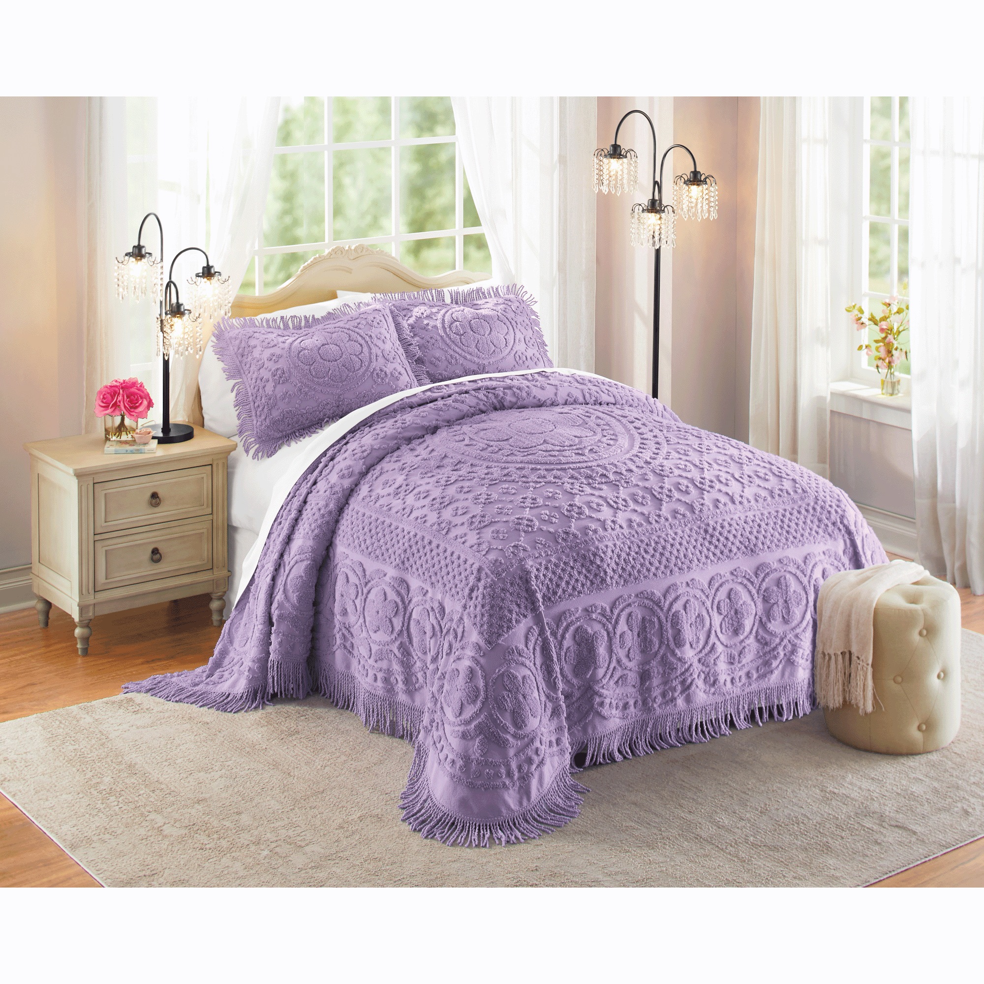 Emily Tufted Floral Cotton Chenille with Fringe Trim Bedspread & Sham
