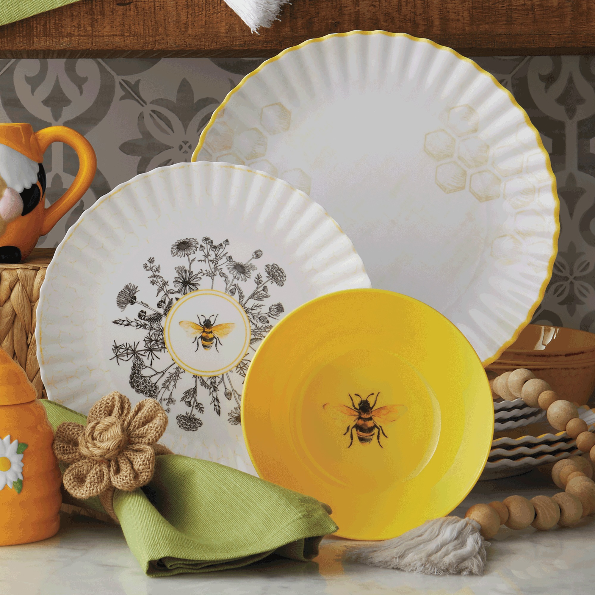 12-Piece Honeycomb Bee Melamine Dinnerware Set