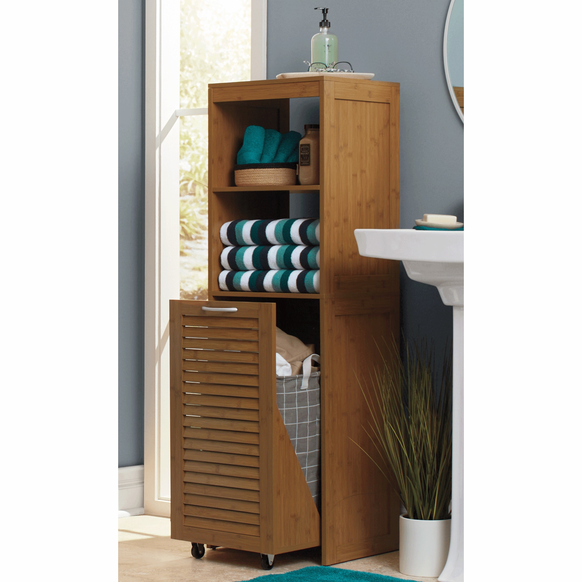 Bamboo-Finish Hamper Cabinet