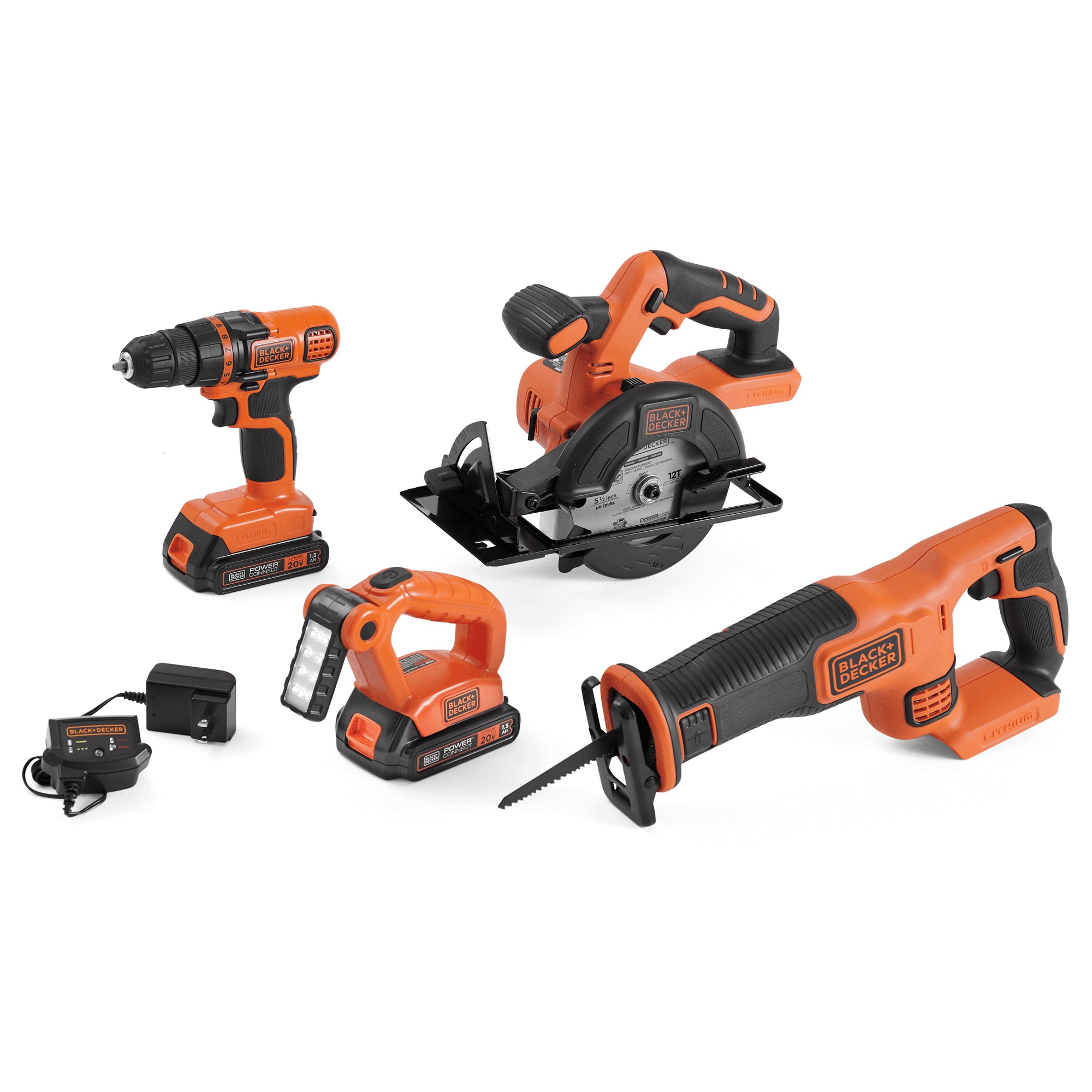 BLACK+DECKER 20V MAX Cordless 4-Tool Combo Kit - Drill/Driver, Circular Saw, Reciprocating Saw, LED Work Light, 2 Batteries, Battery and Battery Charger
