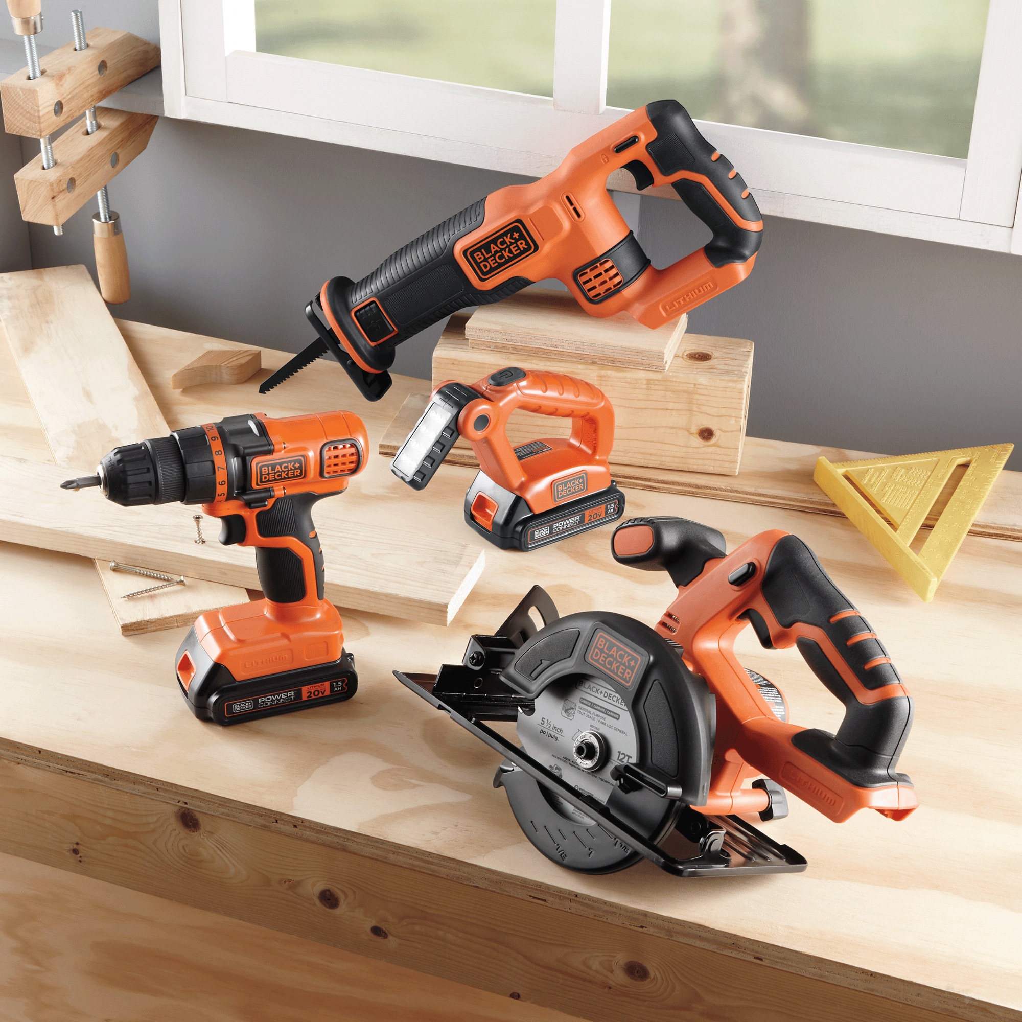 BLACK+DECKER 20V MAX Cordless 4-Tool Combo Kit - Drill/Driver, Circular Saw, Reciprocating Saw, LED Work Light, 2 Batteries