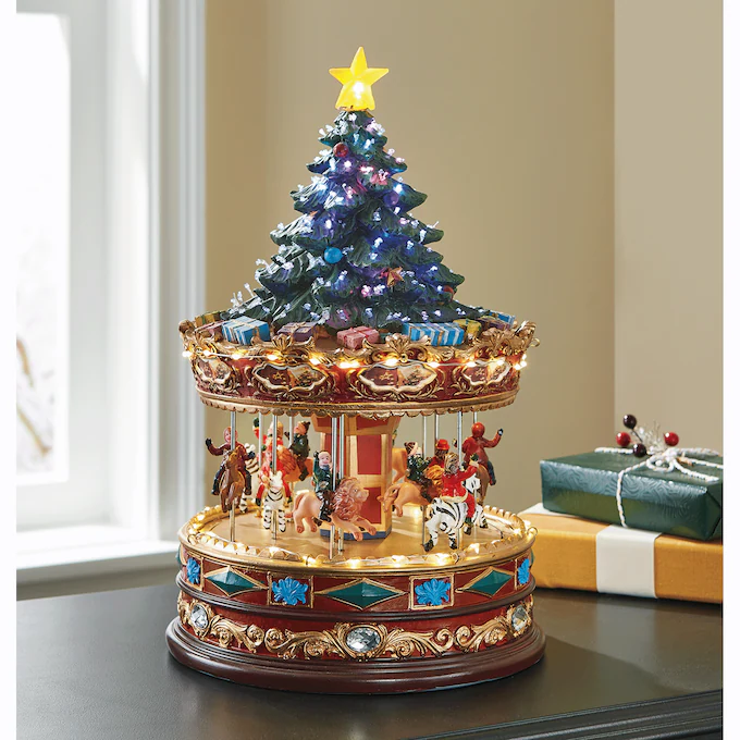 Lit Christmas Tree and Carousel Scene