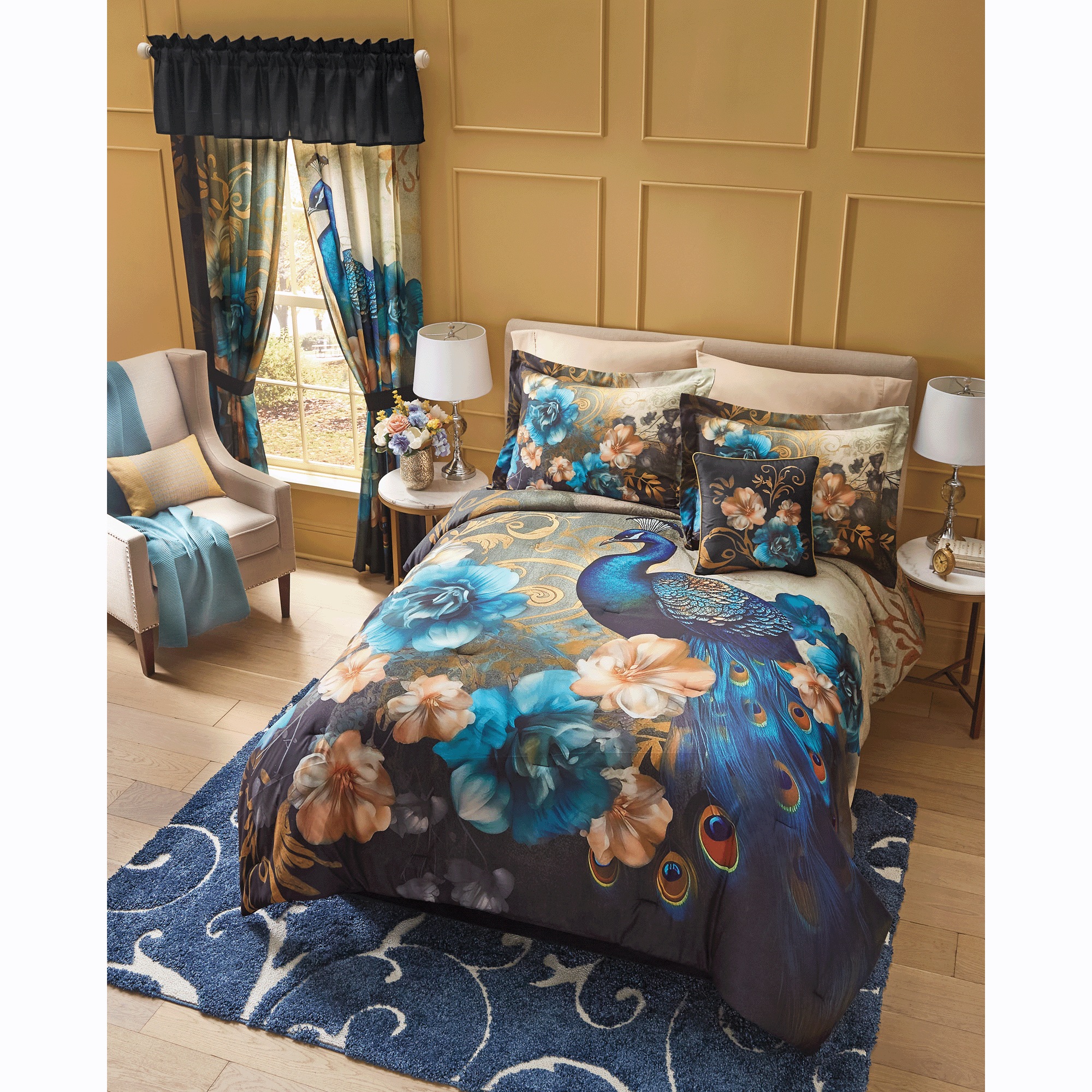 Elegant Peacock Comforter Set, Accent Pillow, Panel Pair and Valance 1 Elegant Peacock Comforter Set, Accent Pillow, Panel Pair and Valance
