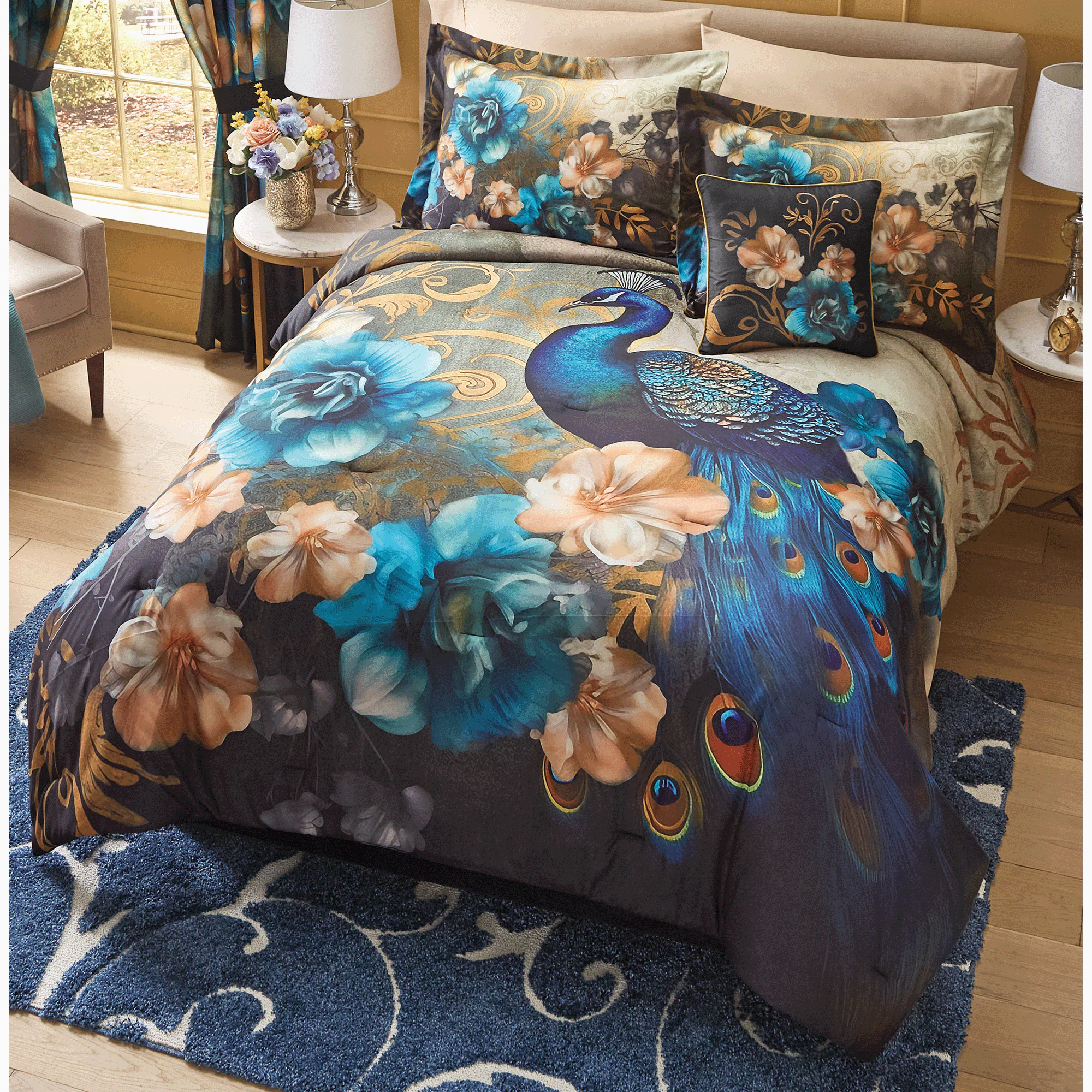 Elegant Peacock Comforter Set, Accent Pillow, Panel Pair and Valance 2 Elegant Peacock Comforter Set, Accent Pillow, Panel Pair and Valance