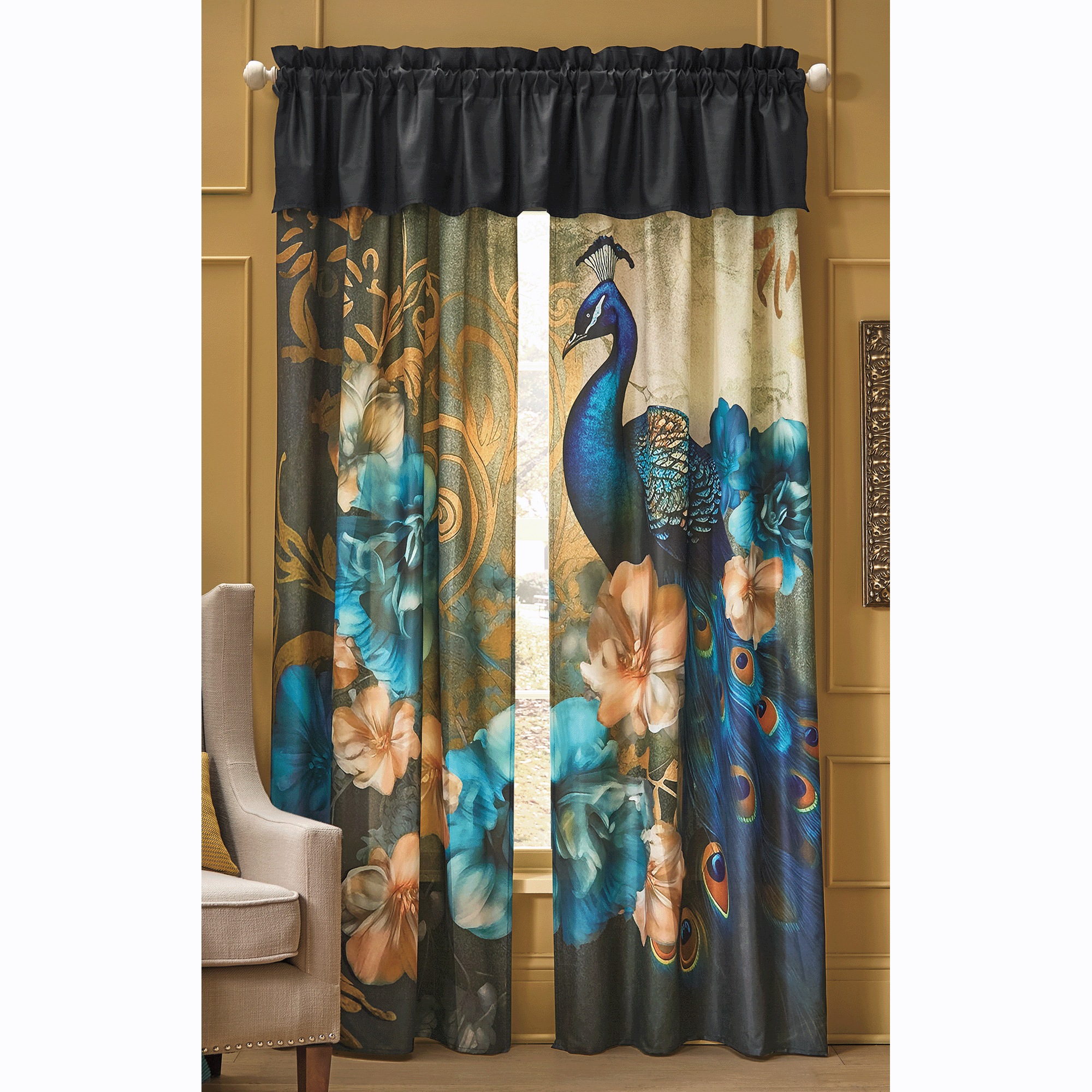 Elegant Peacock Comforter Set, Accent Pillow, Panel Pair and Valance 4 Elegant Peacock Comforter Set, Accent Pillow, Panel Pair and Valance