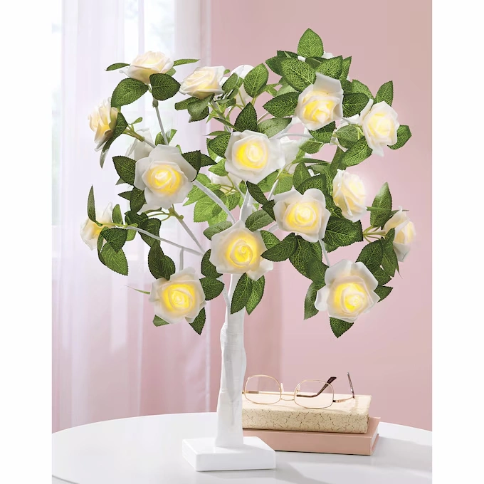 Battery-Operated Faux Rose Tree Table Lamp