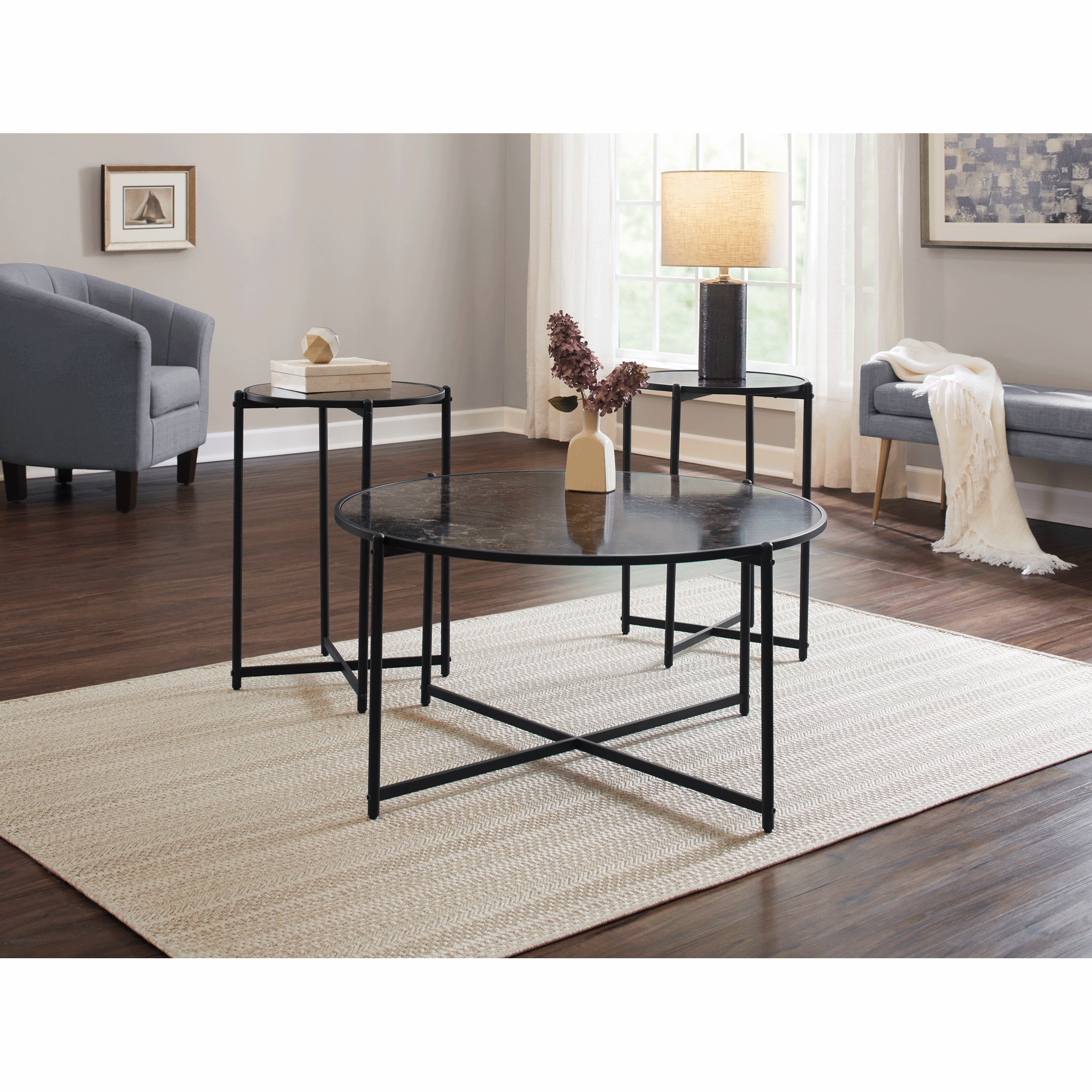 Set of 3 Faux-Marble Tables