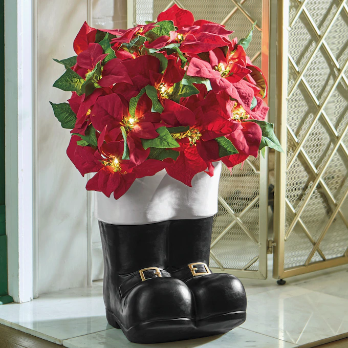 Lit Poinsettia in Santa Boots