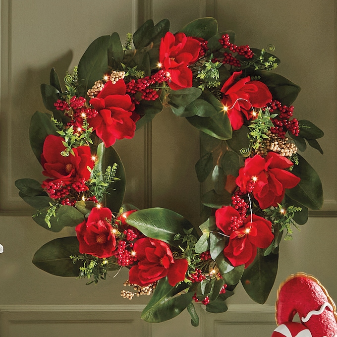 Lit Poinsettia Wreath