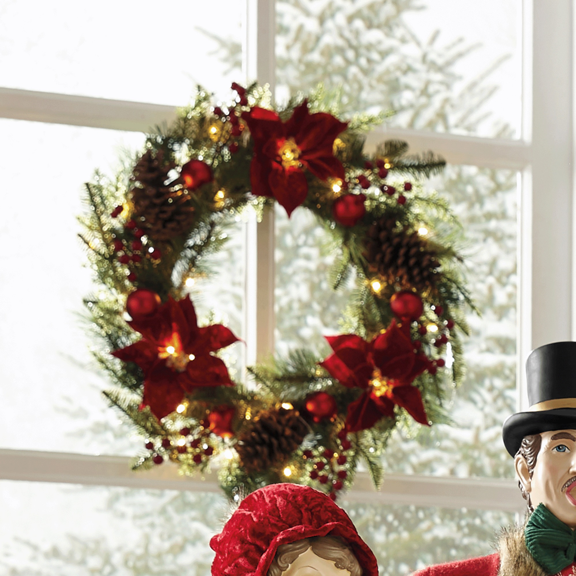 Lit Poinsettia & Berry Wreath and Garland
