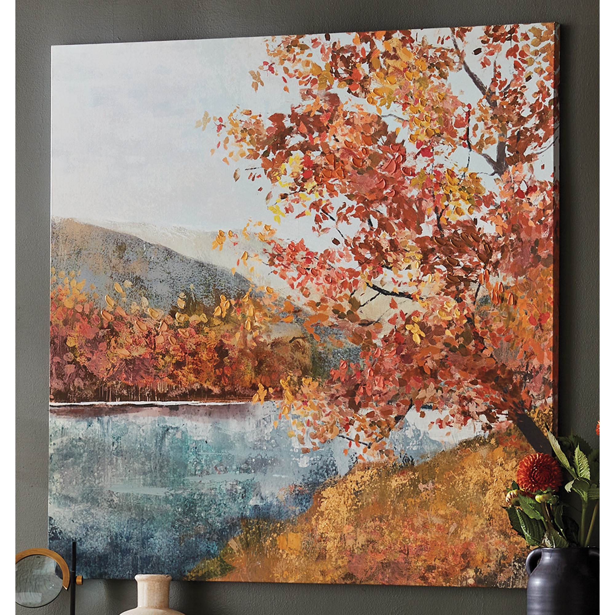 Autumn Lake View Wall Art and Set of 2 Scrolls and Leaves Wall Sconces