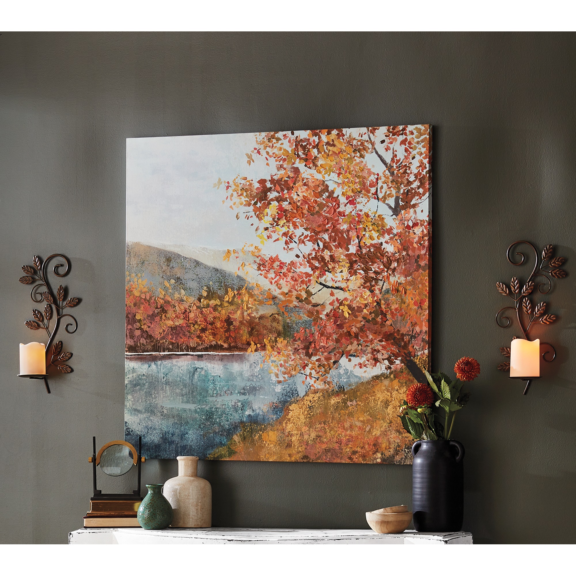 Autumn Lake View Wall Art and Set of 2 Scrolls and Leaves Wall Sconces
