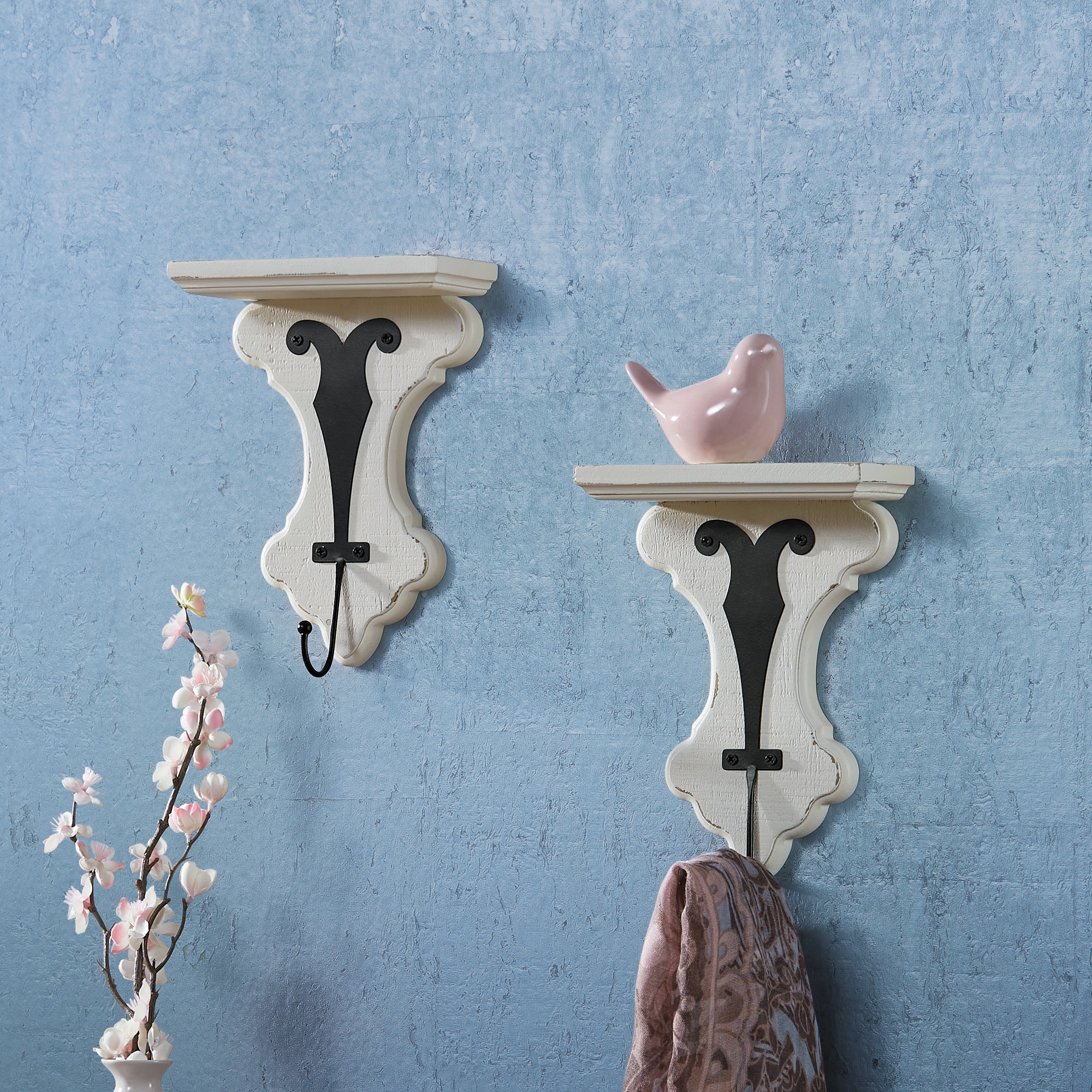 Set Of 2 Vintage-Style Vera Shelves With Hooks 1 Set Of 2 Vintage-Style Vera Shelves With Hooks