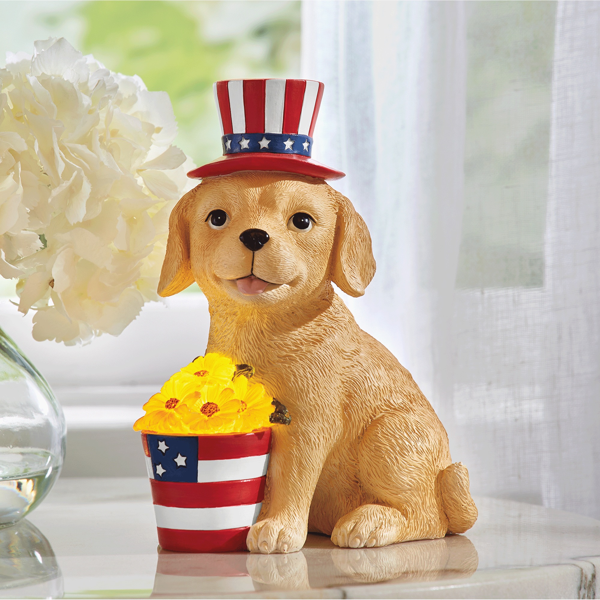 Patriotic Puppy with Lit Flowers