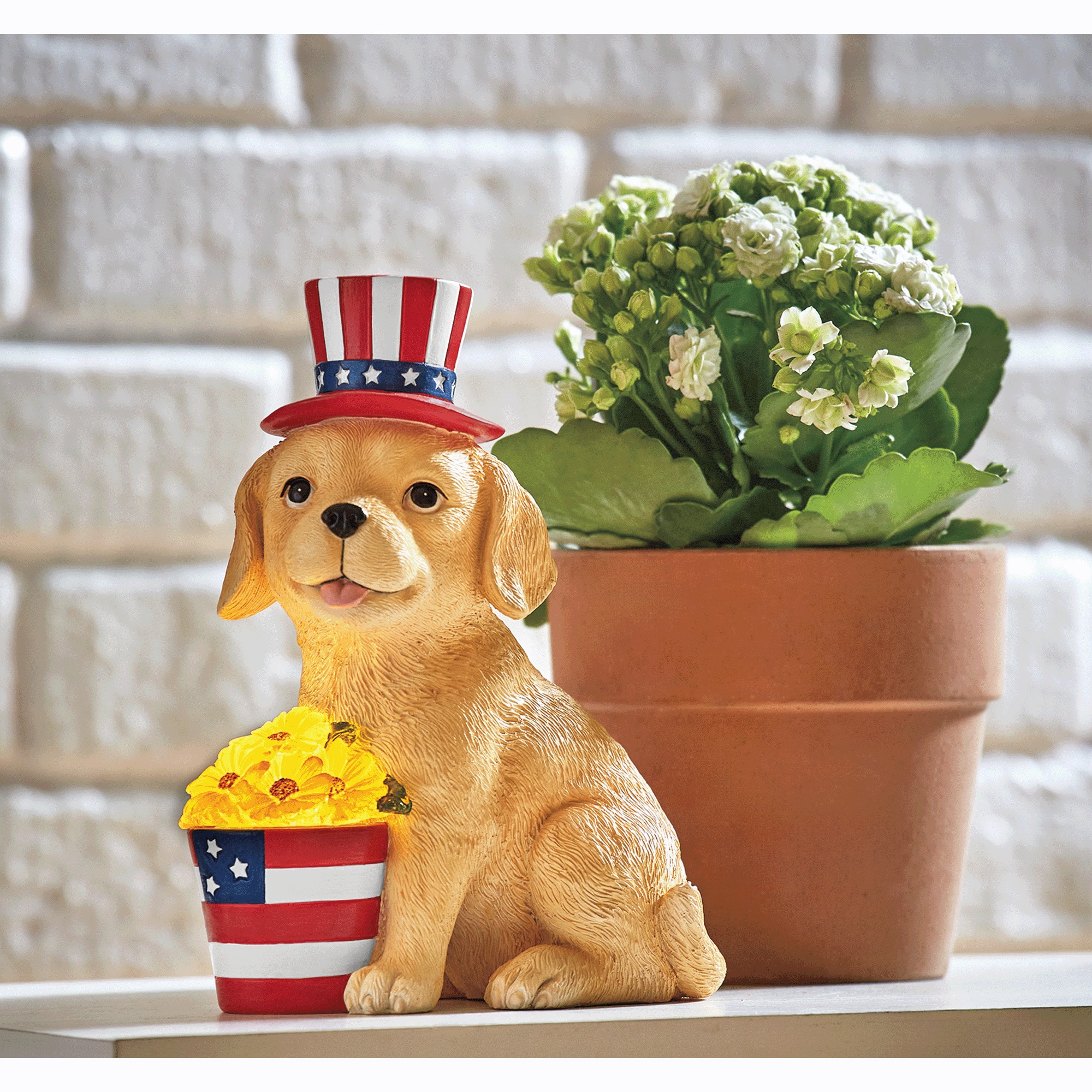 Patriotic Puppy with Lit Flowers