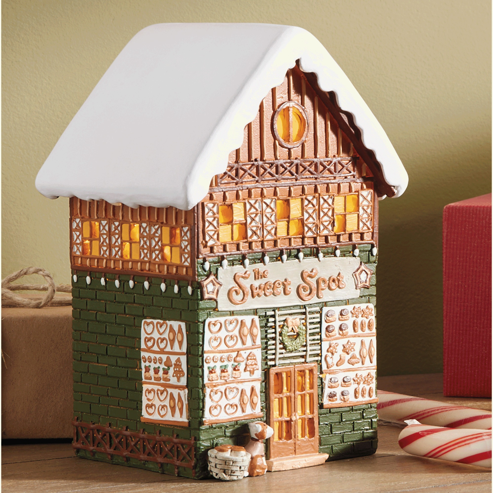 Lit Snowy Village Buildings