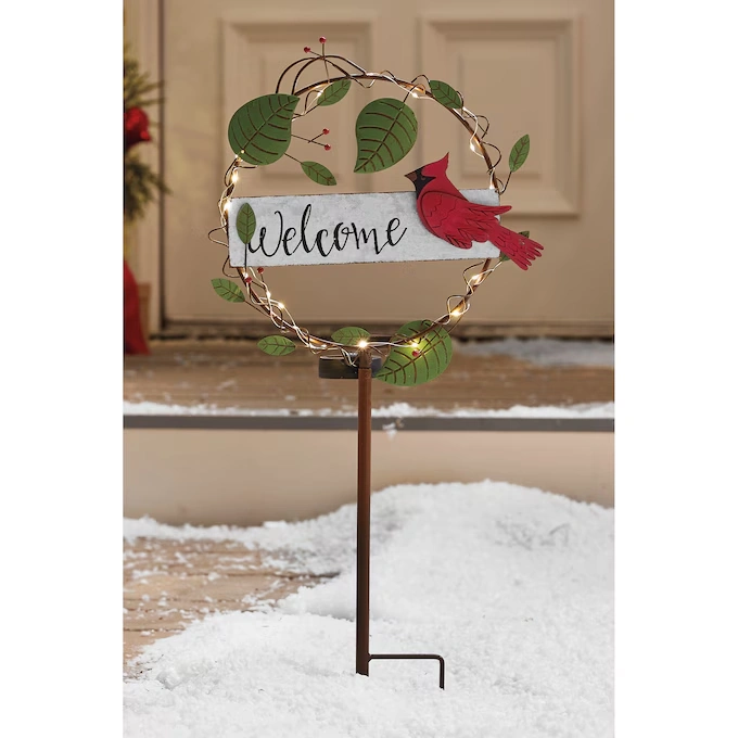 Solar Christmas Cardinal Wreath Stake