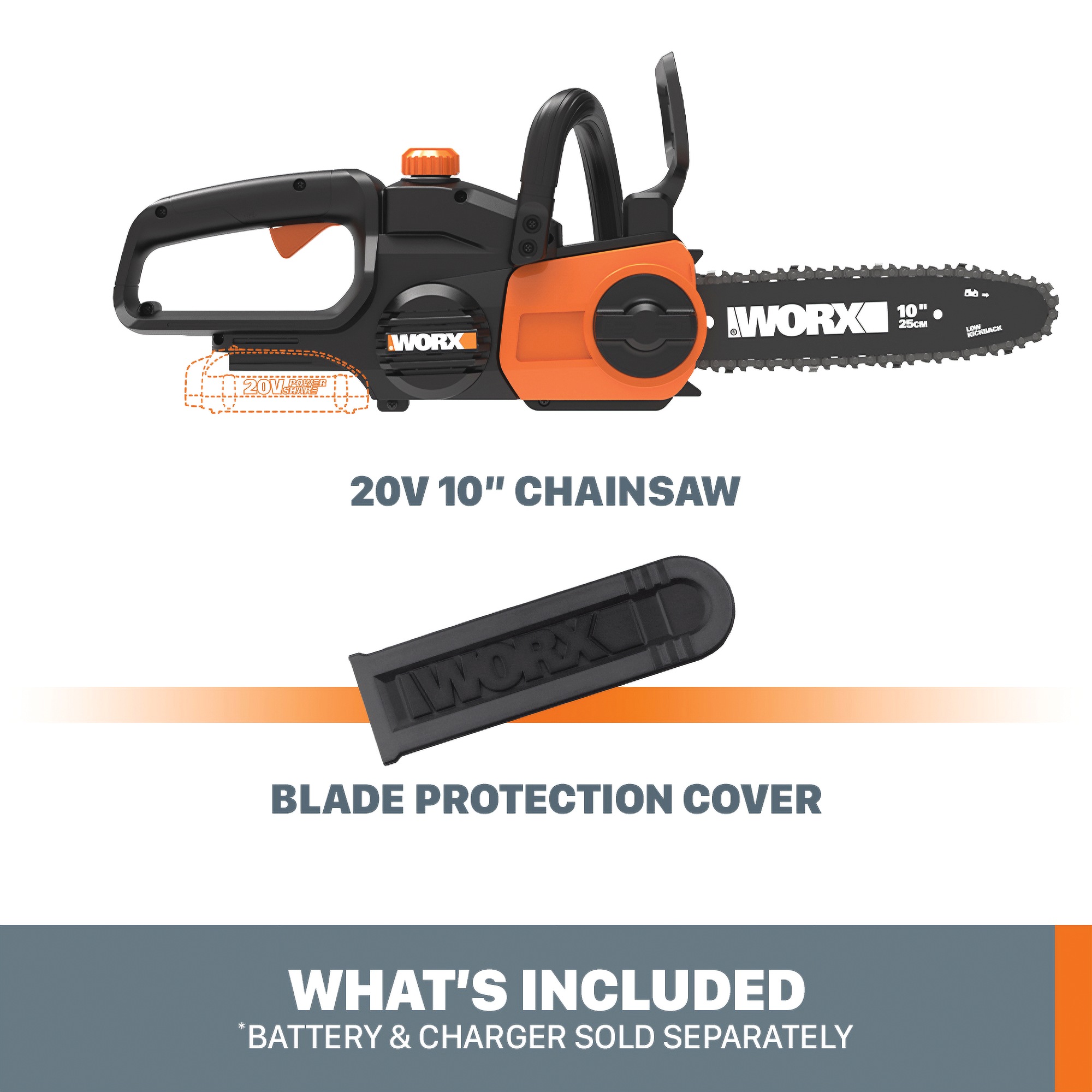 Worx 20V Power Share 10-Inch Cordless Chainsaw With Auto-Tension (Tool Only)