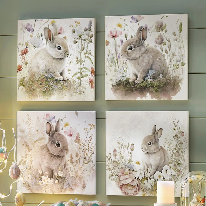 Set of 4 Spring Bunny Art