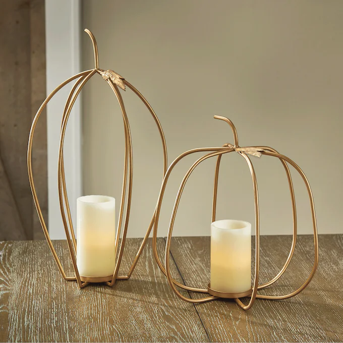 Set of 2 Candlelit Goldtone Pumpkins