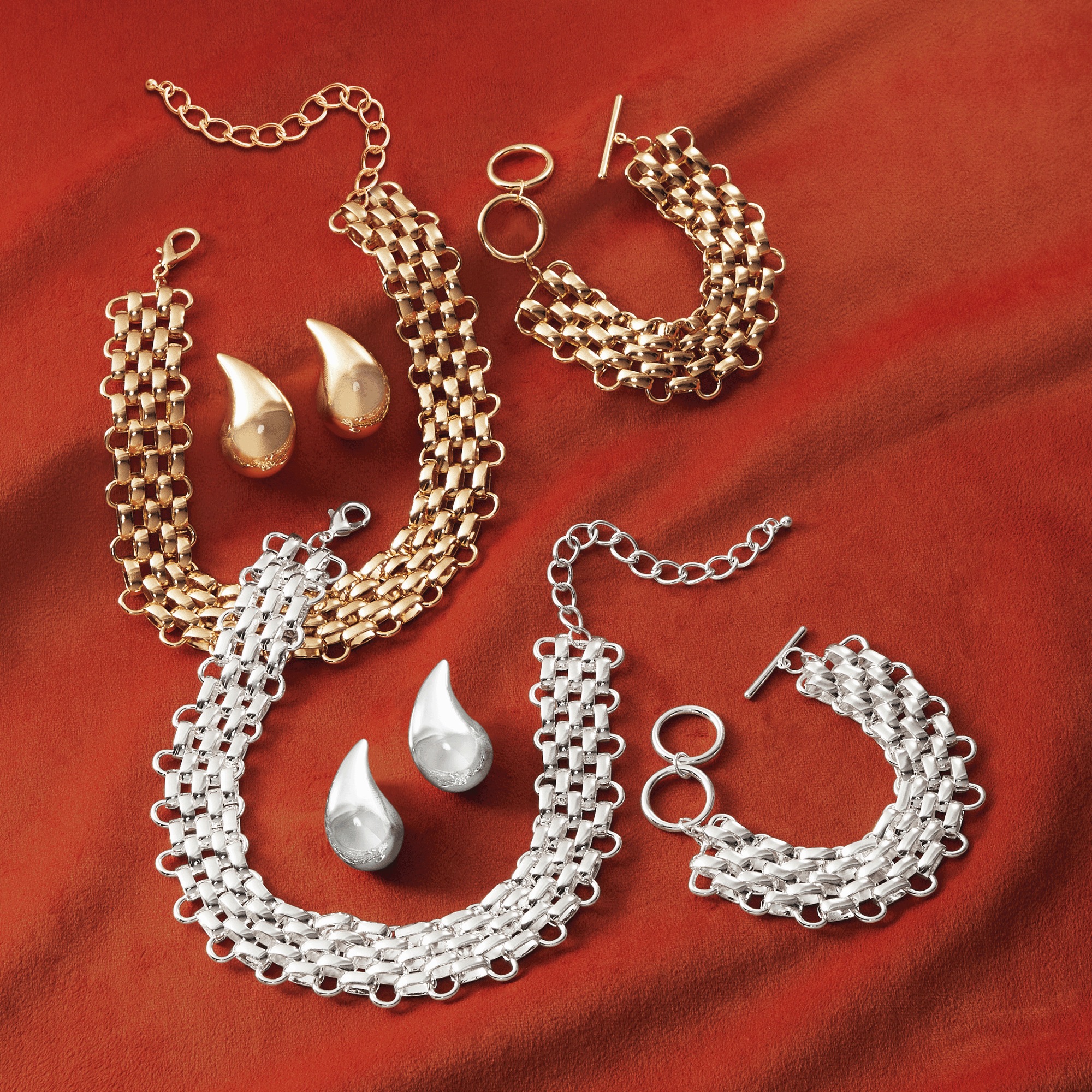 Link Necklace & Bracelet and Teardrop Earring  Set