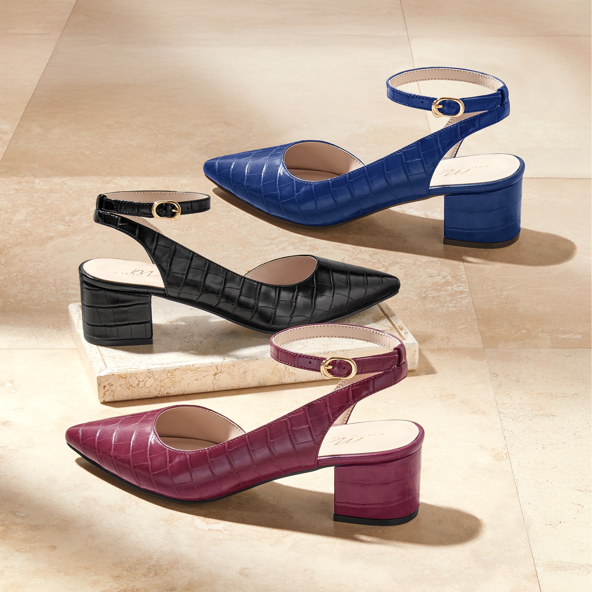 Midnight Velvet Women's Faux Leather Croco Pump with Ankle Strap