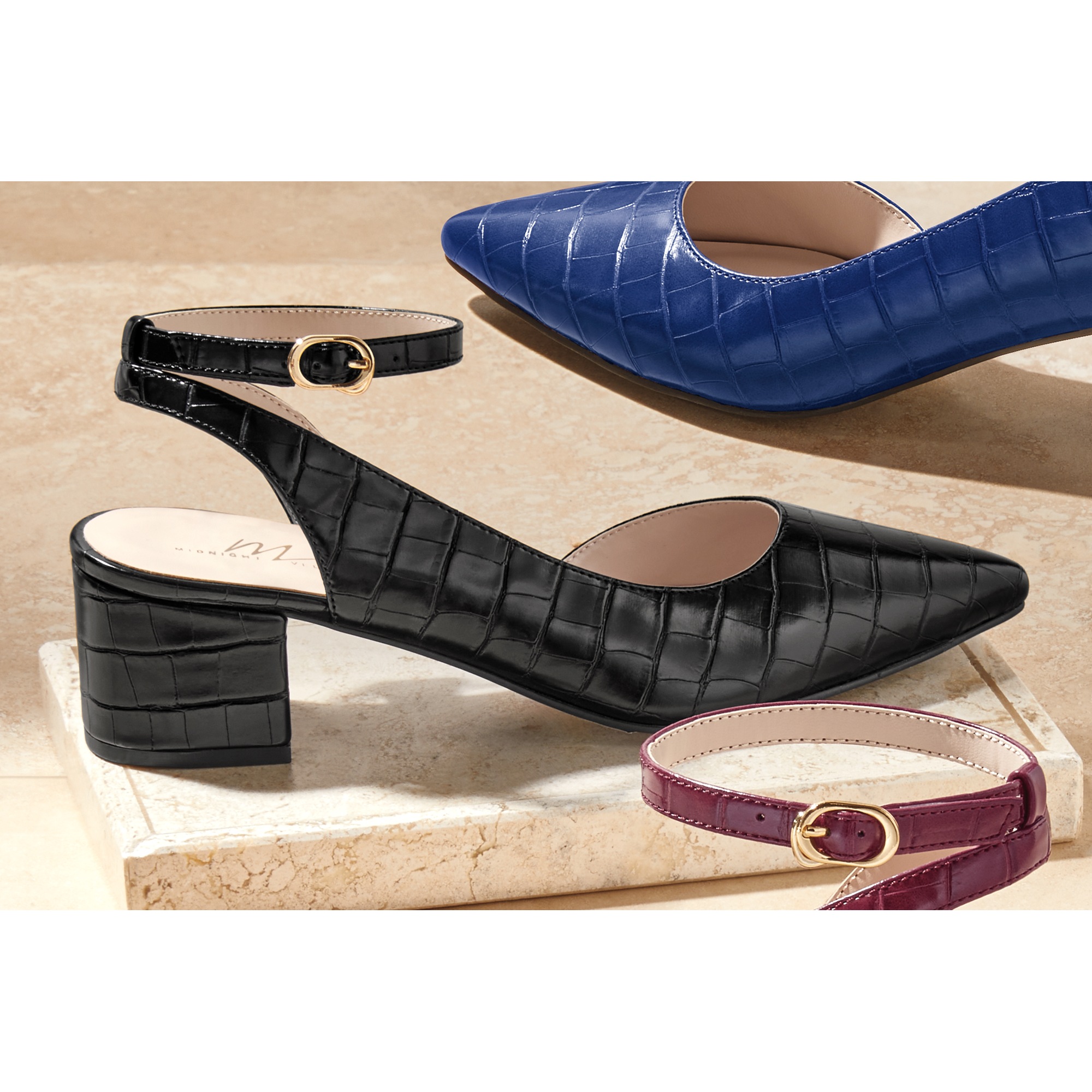 Midnight Velvet Women's Faux Leather Croco Pump with Ankle Strap