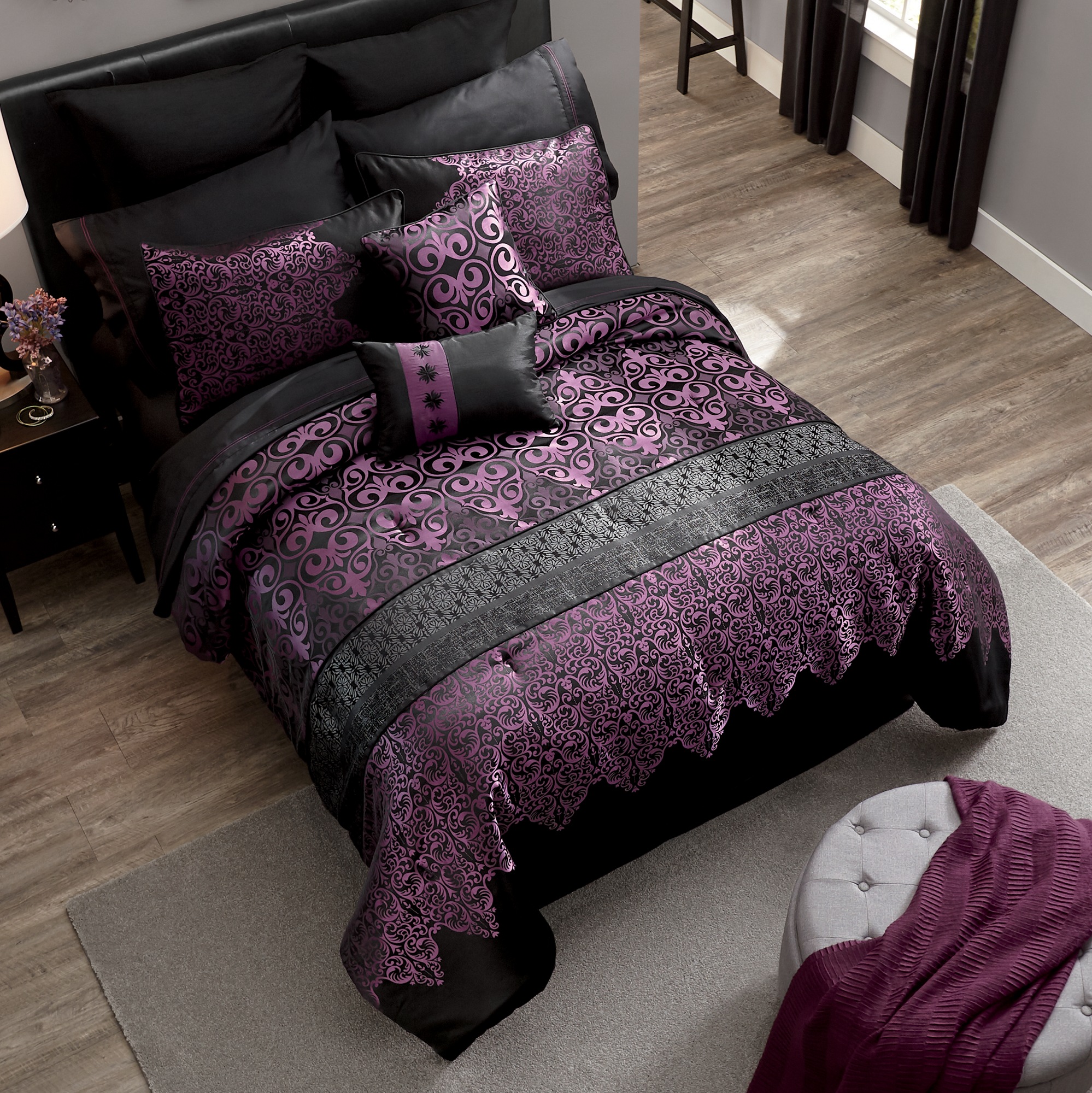 Kismet 10-Piece Luxury Woven Jacquard Comforter and Sheet Set, Accent Pillows and Window Treatments