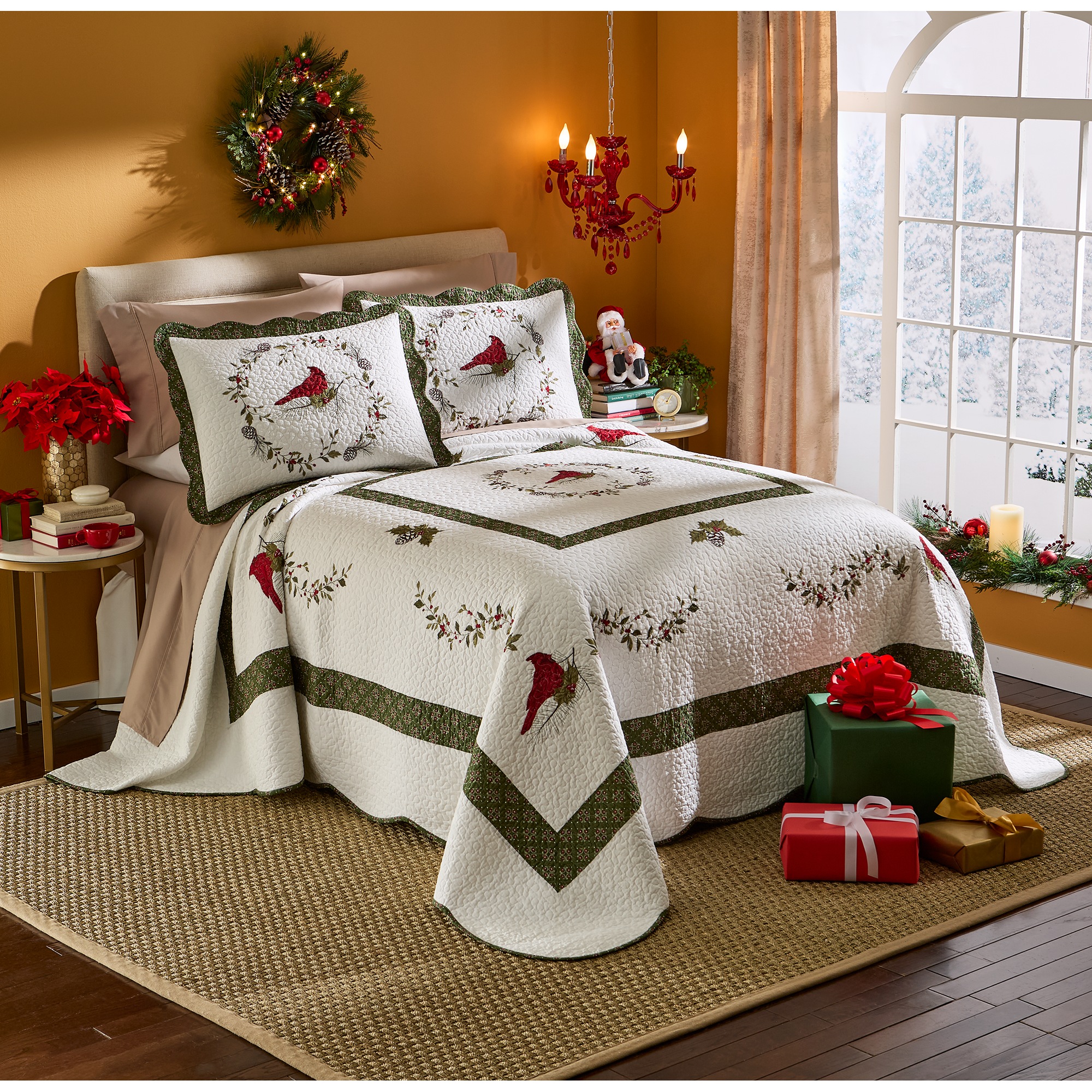 Cardinal Embroidered Hand-Pieced Quilted Bedspread and Sham