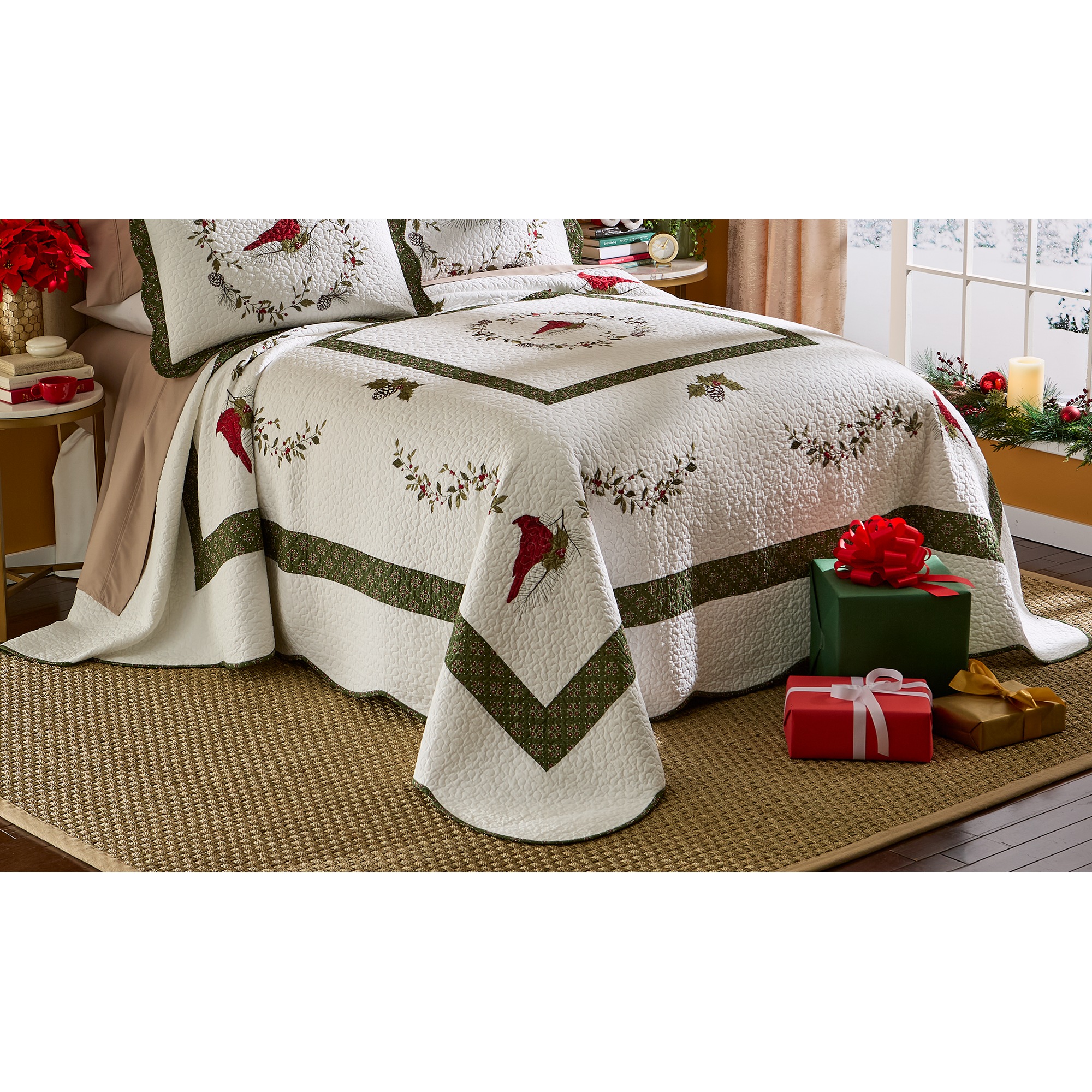 Cardinal Embroidered Hand-Pieced Quilted Bedspread and Sham