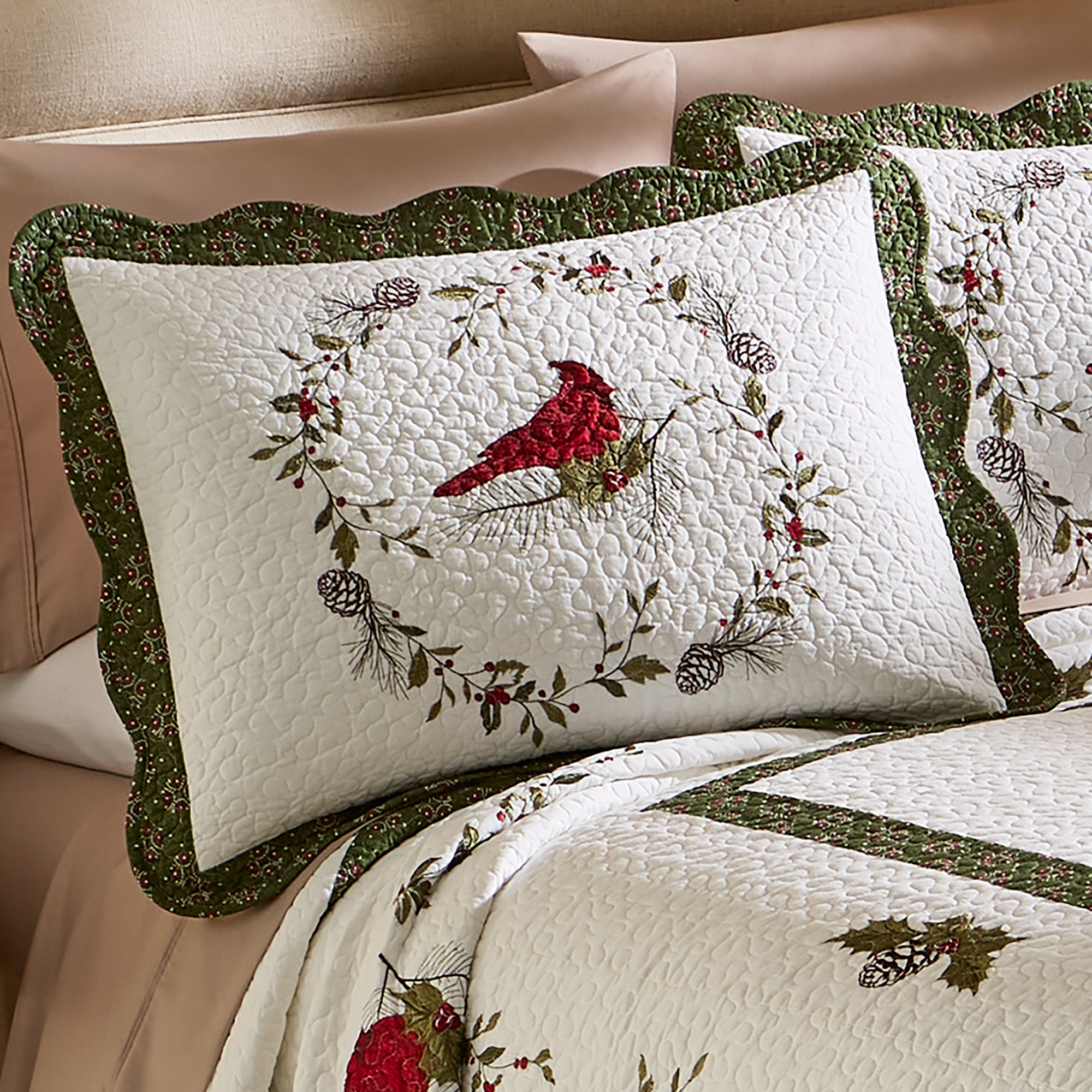 Cardinal Embroidered Hand-Pieced Quilted Bedspread and Sham 3 Cardinal Embroidered Hand-Pieced Quilted Bedspread and Sham
