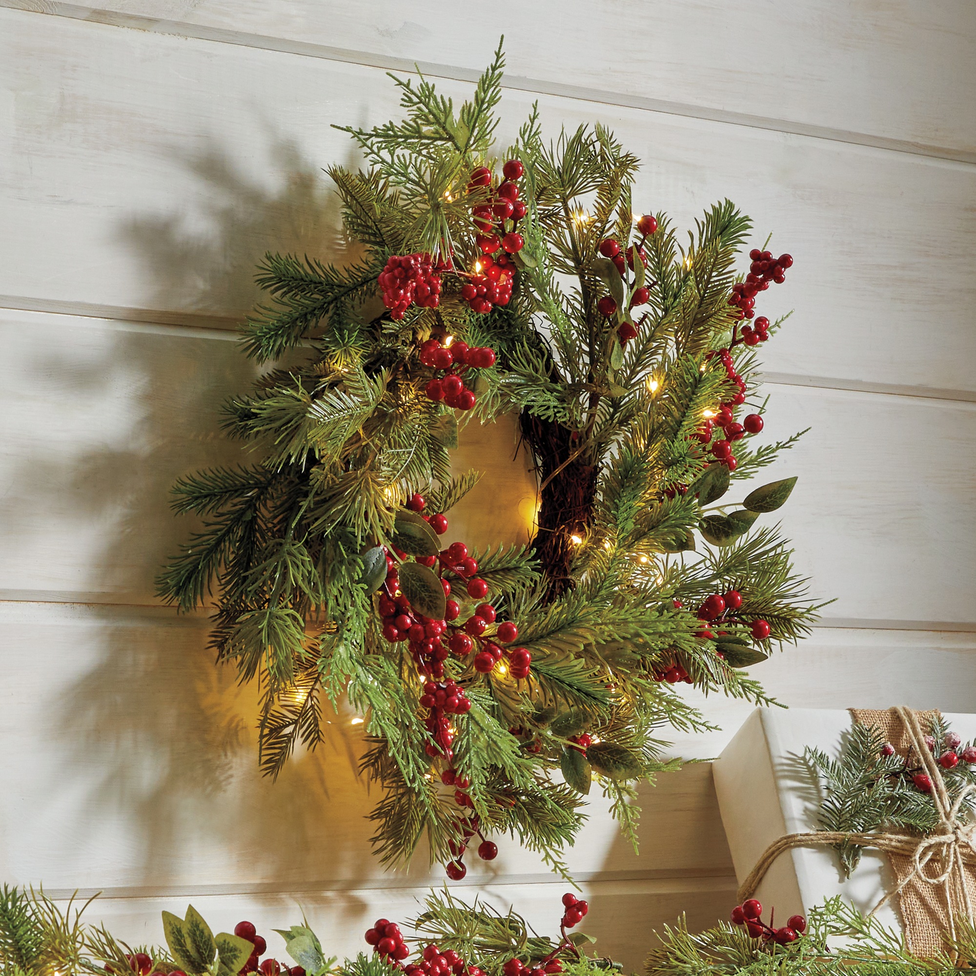 Lit Cedar and Berries Garland & Wreath 1 Lit Cedar and Berries Garland & Wreath